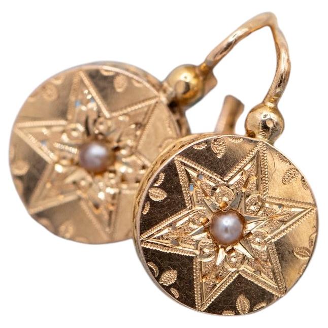 Rare 18K solid gold flower dormeuse earrings - Antique French Victorian sleepers