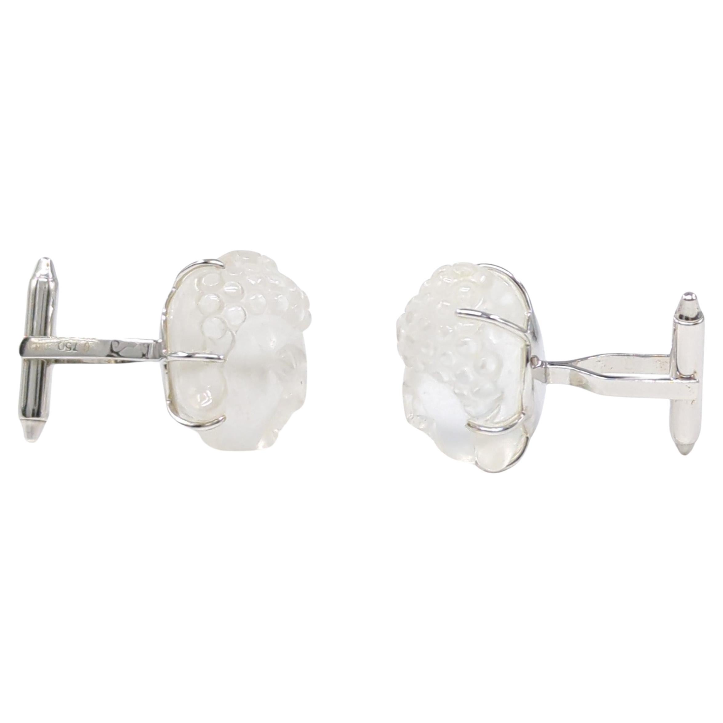 Mixed Cut Rare 18k White Gold Carved Rock Crystal Buddha Head Cufflinks  For Sale