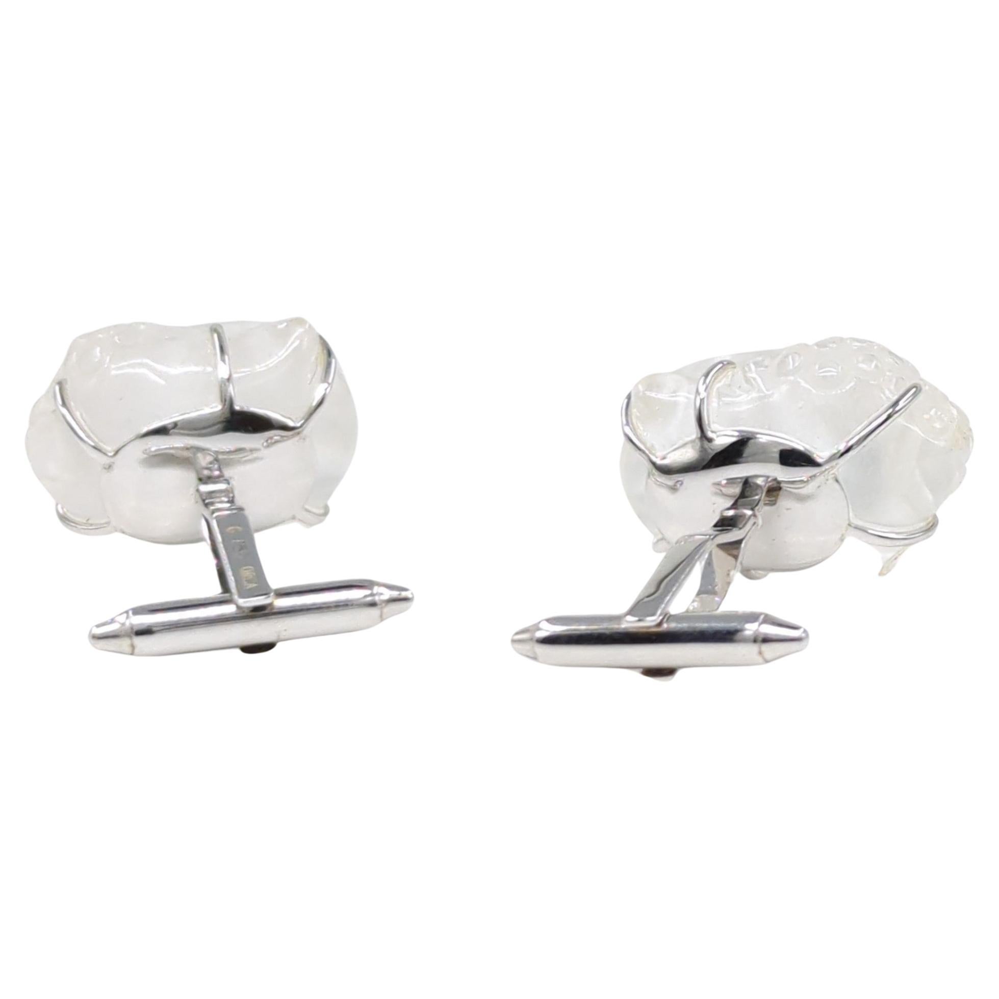 Women's or Men's Rare 18k White Gold Carved Rock Crystal Buddha Head Cufflinks  For Sale