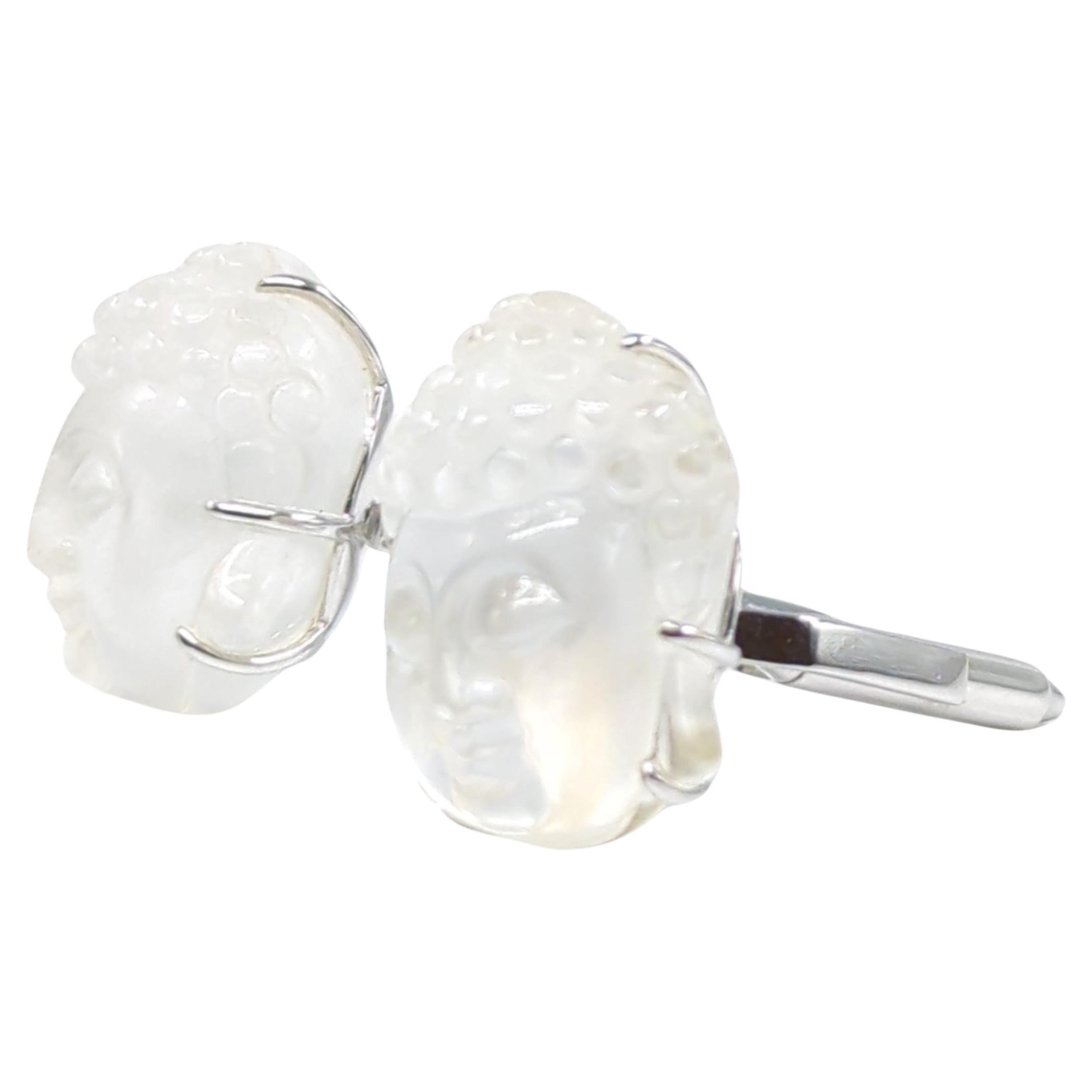 Rare 18k White Gold Carved Rock Crystal Buddha Head Cufflinks  For Sale 1