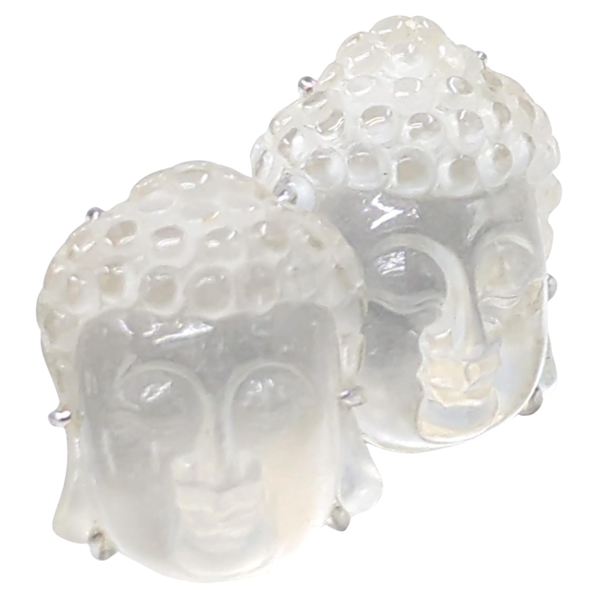 Rare 18k White Gold Carved Rock Crystal Buddha Head Cufflinks  For Sale