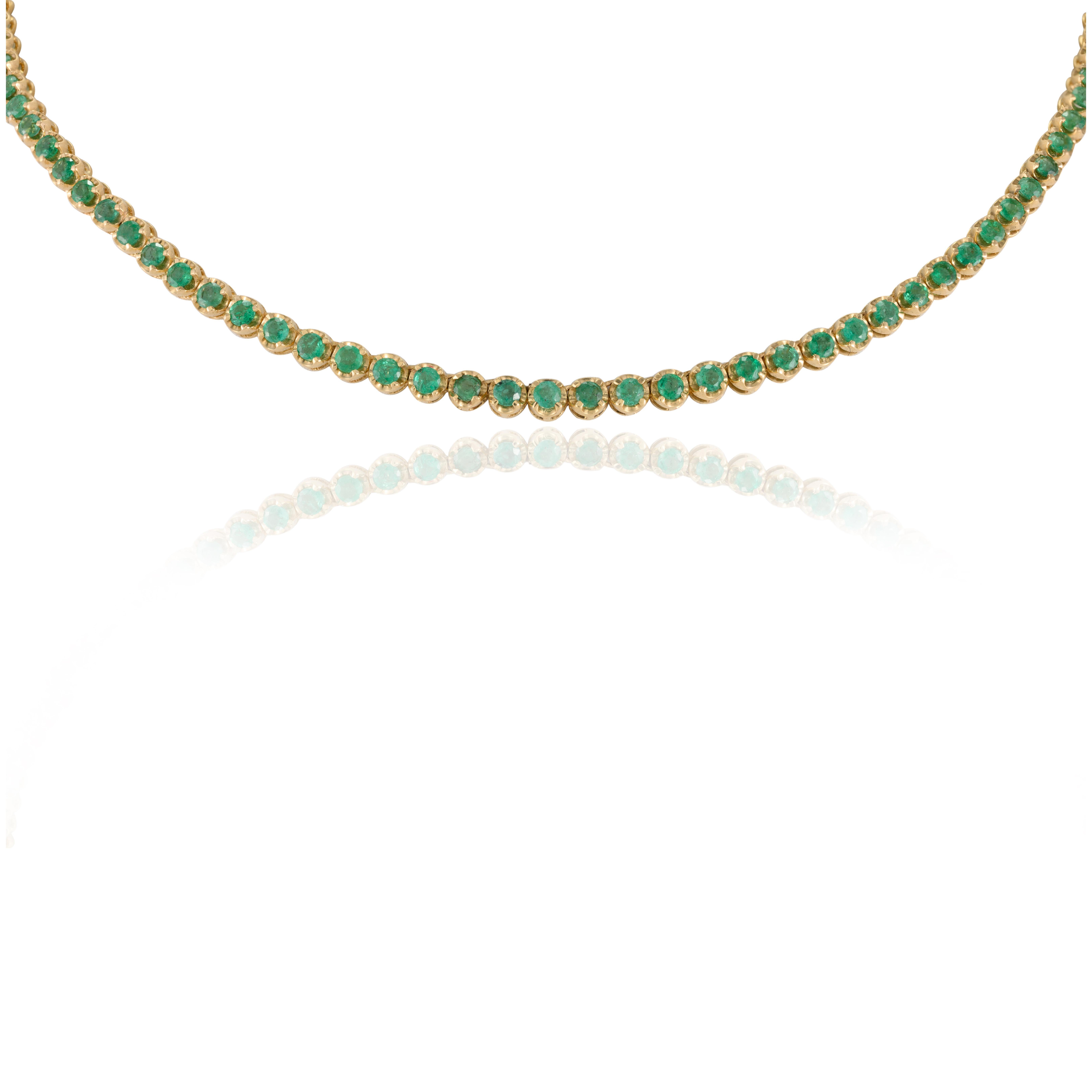 Rare 7.16 CTW Round Cut Emerald Tennis Necklace Gift for Grandma in 18K Gold studded with round cut emeralds. This stunning piece of jewelry instantly elevates a casual look or dressy outfit. 
Emerald enhances intellectual capacity of the