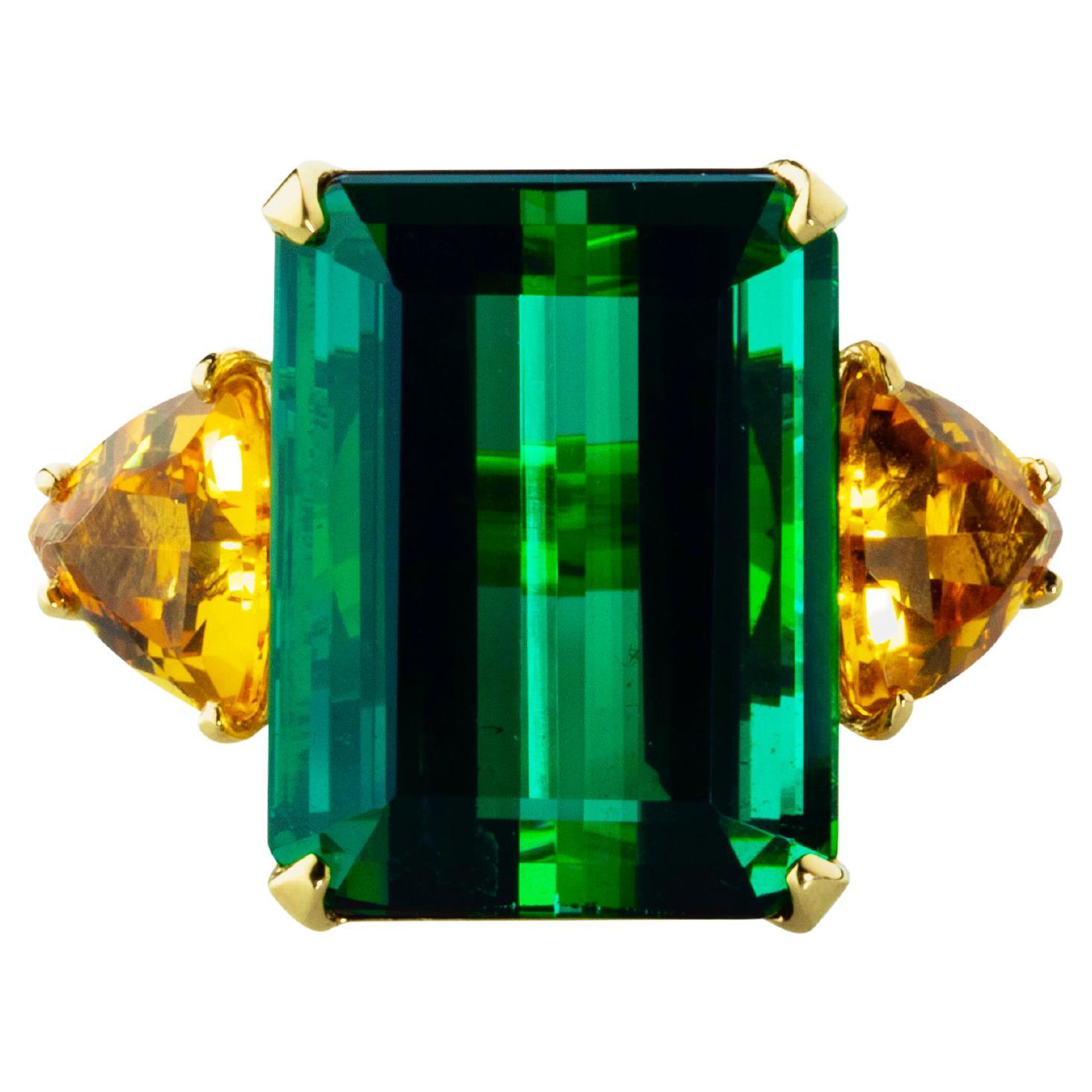 18K Yellow Gold Cocktail Ring with Tourmaline and Yellow Beryls On Made To Order For Sale