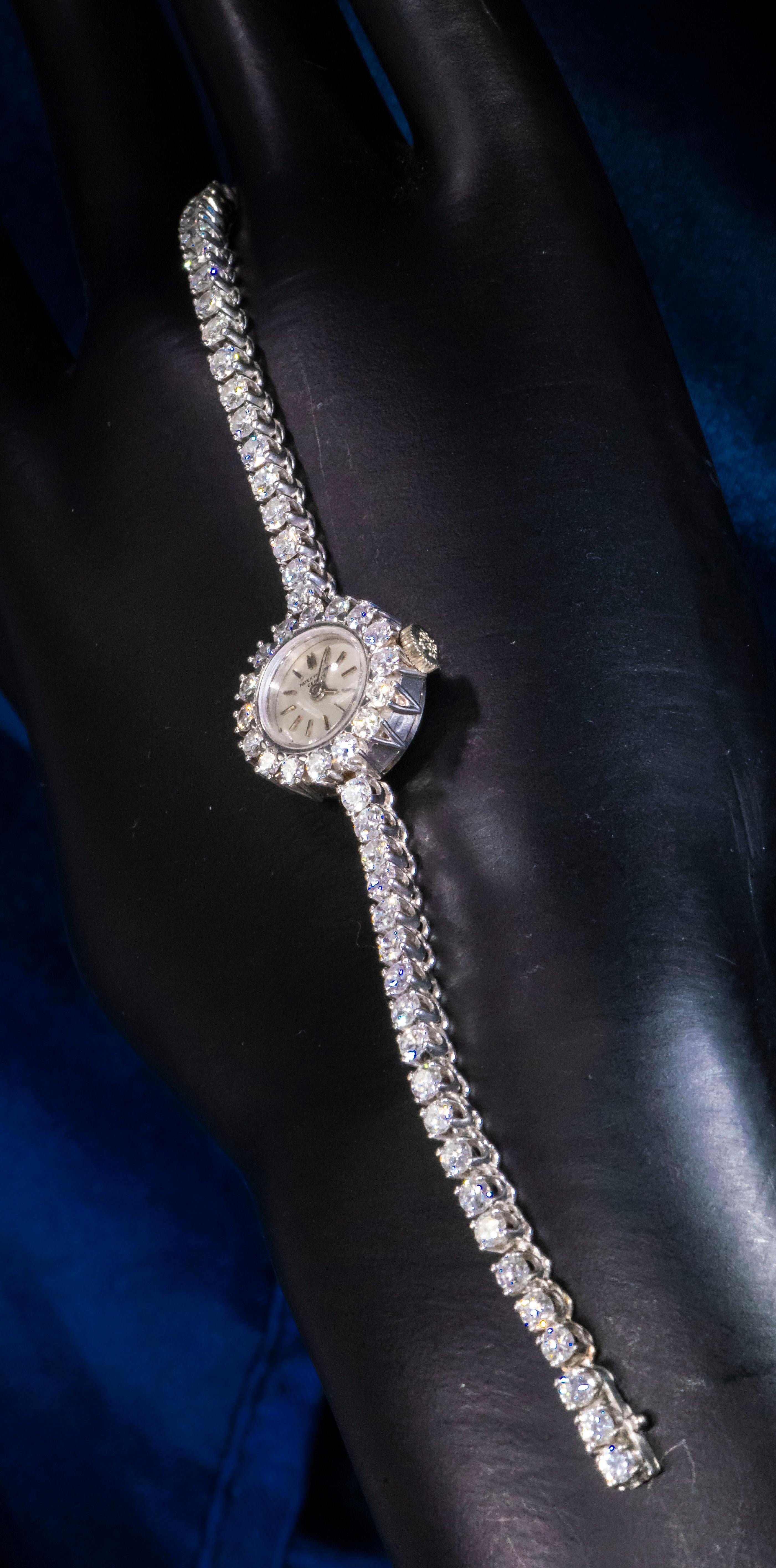 Rare 18kt 1950/60s Patek Philippe Round Diamond Set Tennis Style Bracelet Watch 2