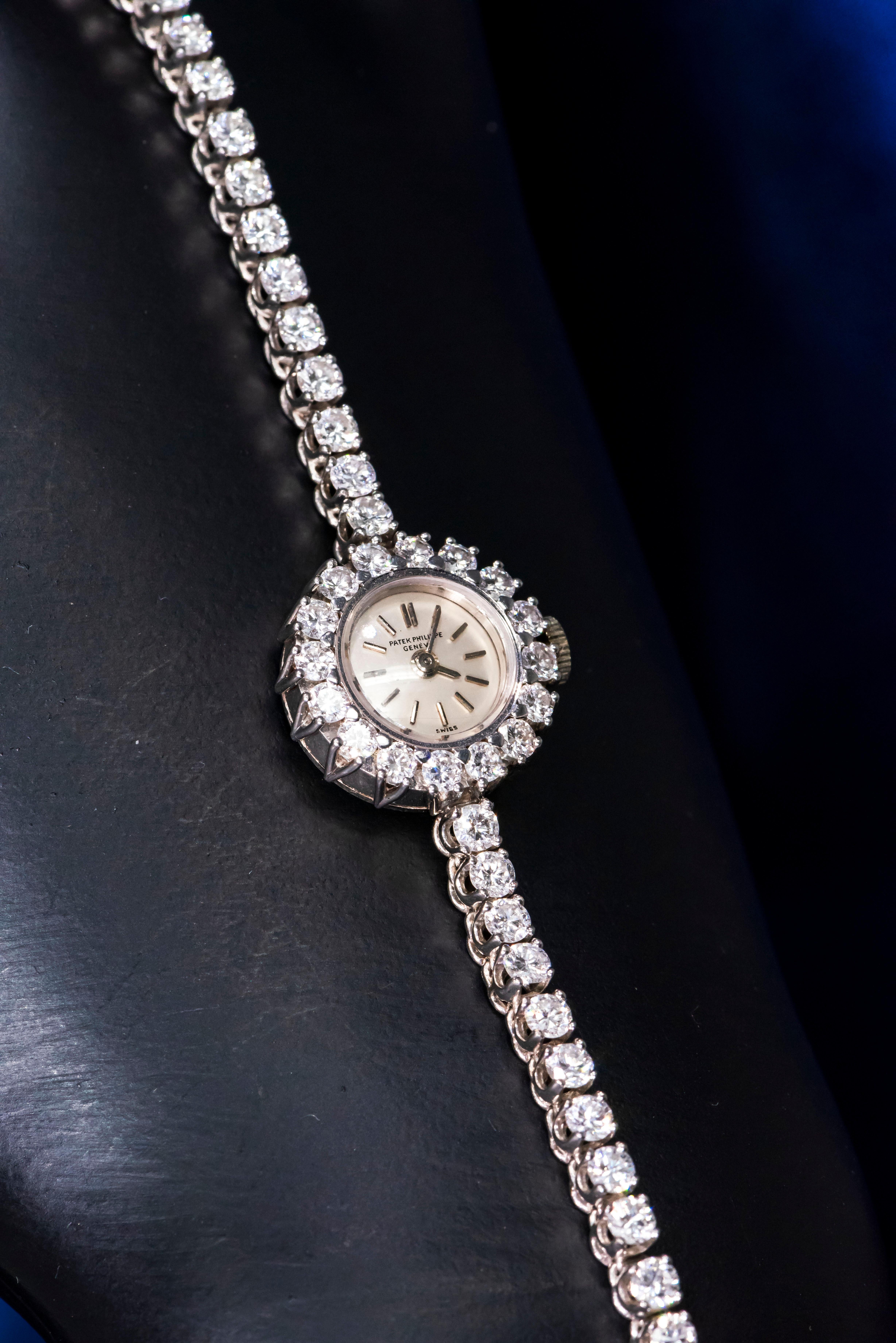 Rare 18kt 1950/60s Patek Philippe Round Diamond Set Tennis Style Bracelet Watch 7