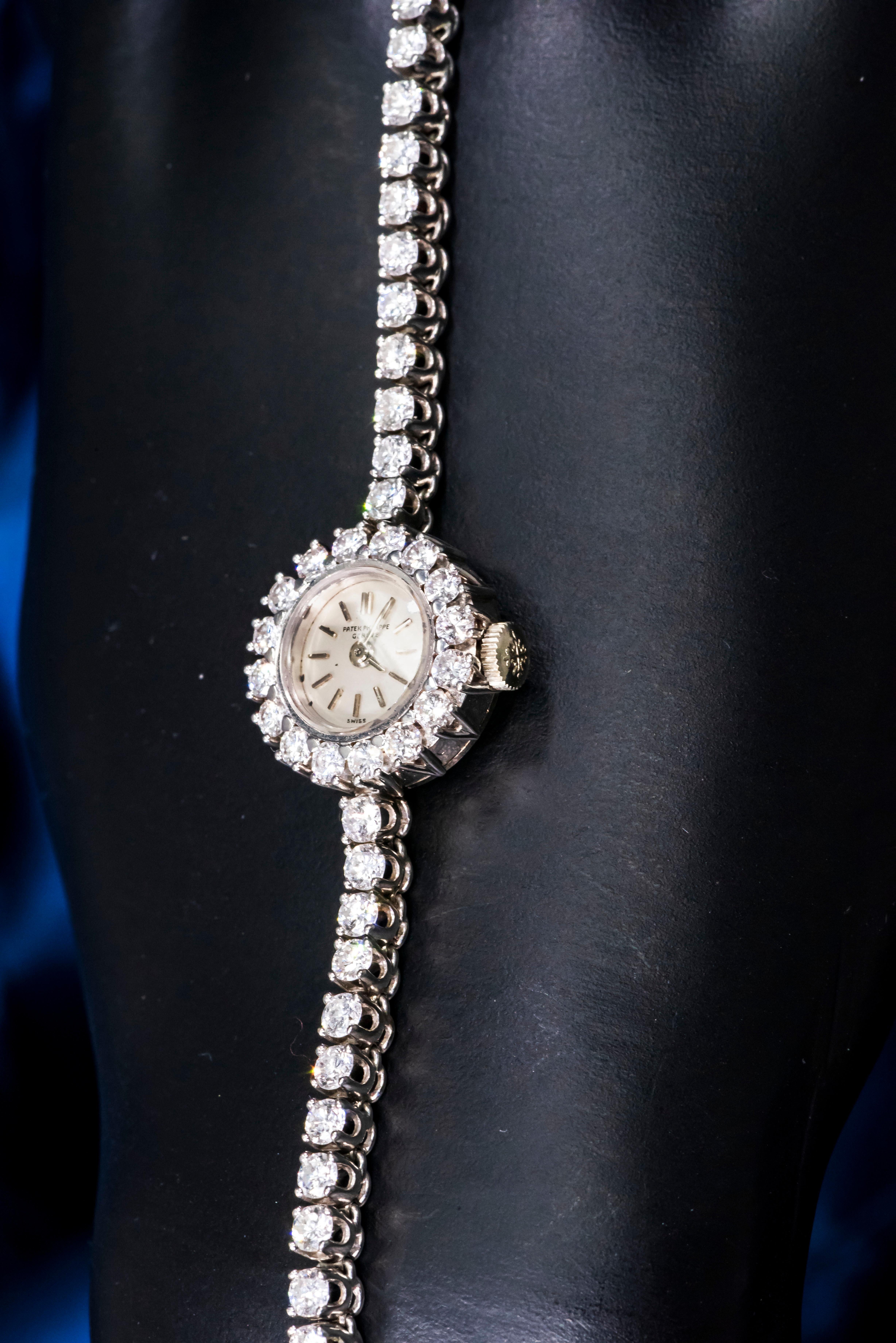 Rare 18kt 1950/60s Patek Philippe Round Diamond Set Tennis Style Bracelet Watch 11