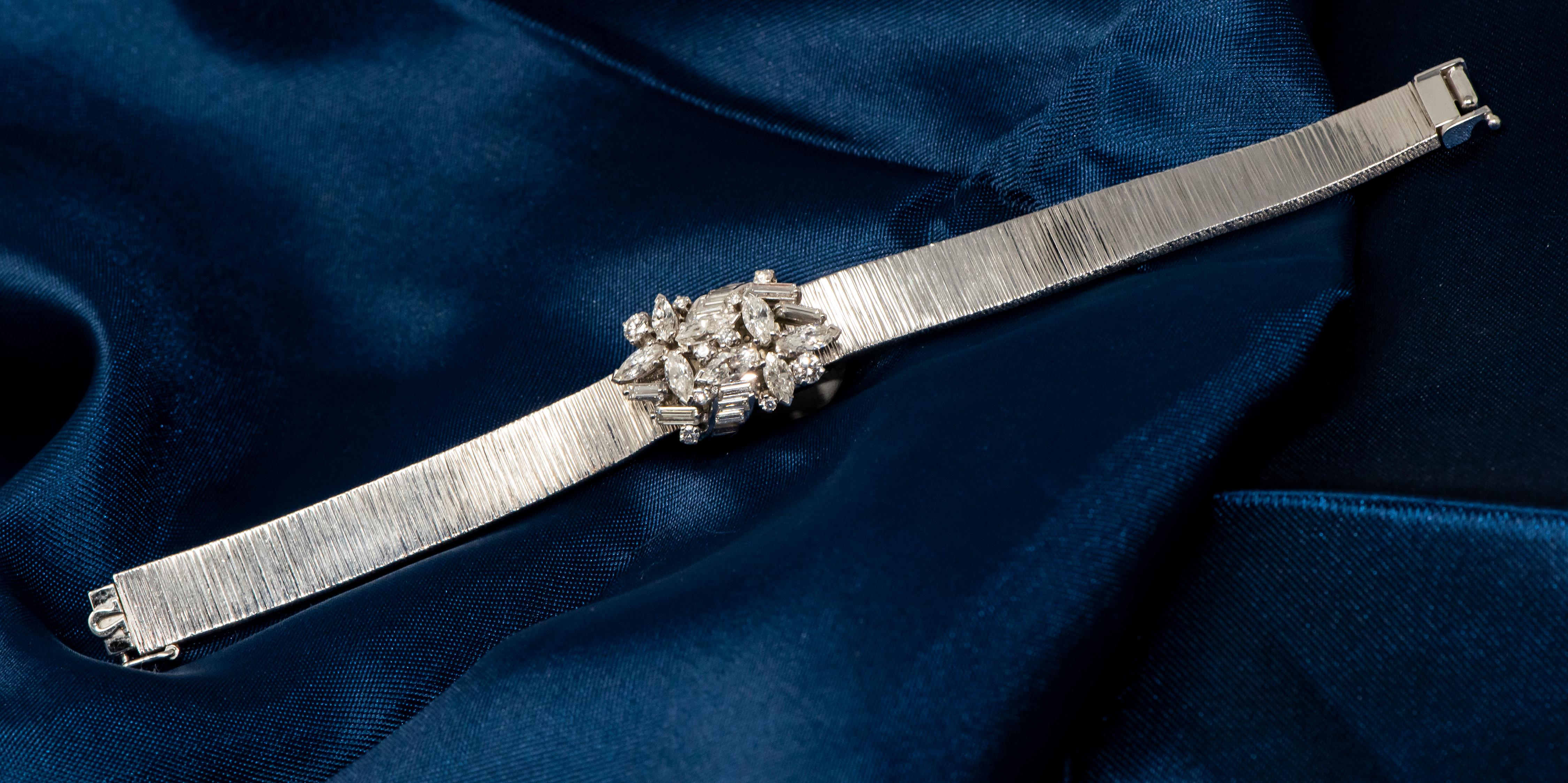 Women's or Men's 18 Karat 1950s Omega Double Marquis Diamond Set Flower Concealed Bracelet Watch