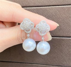 NWT $9, 589 18KT Gold Large Exquisite Fancy Pearl Clover Diamond Dangle Earrings