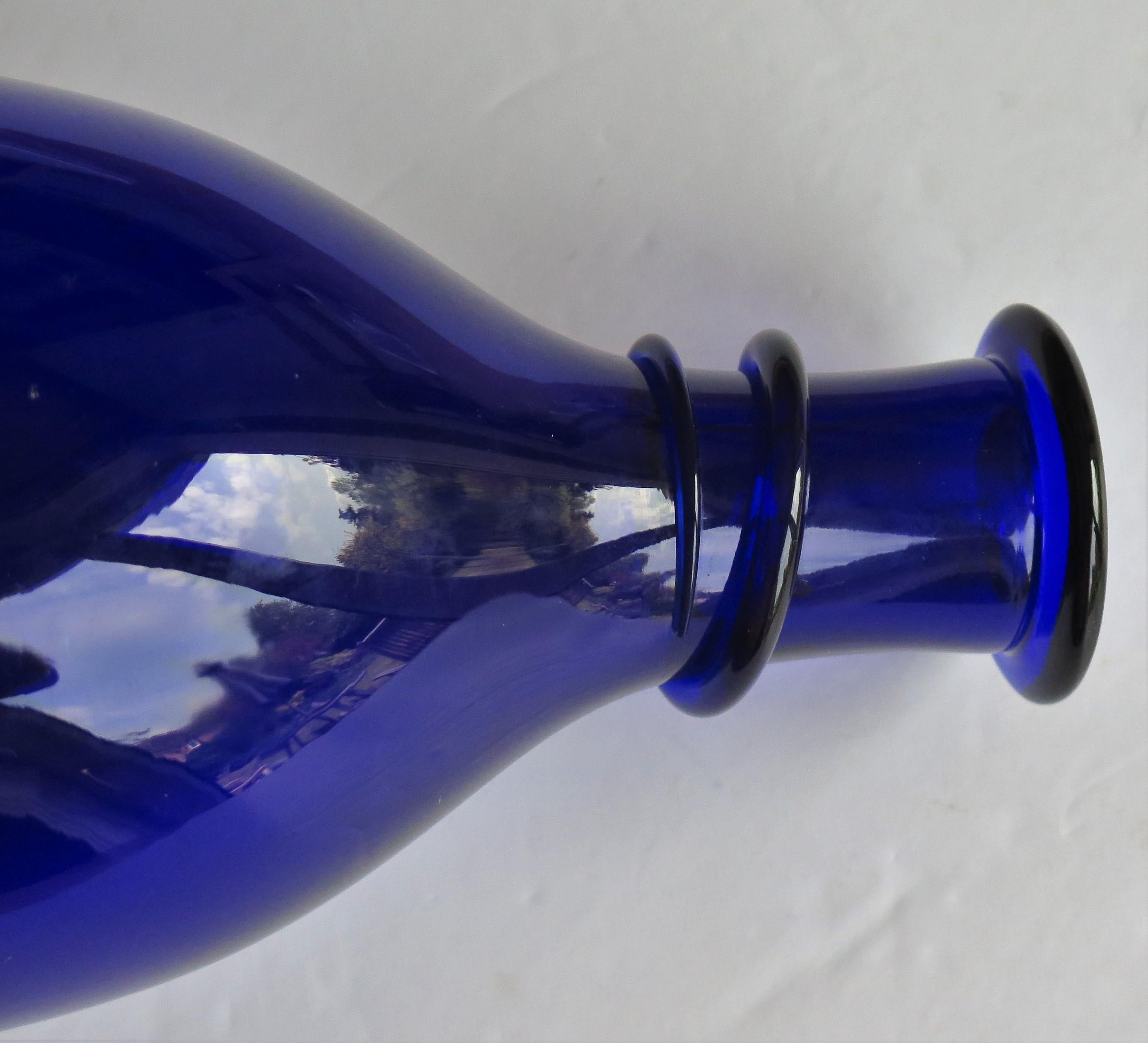 18th Century 18th C Decanter Bristol Blue Glass Hand Blown with Trailed Neck Ring, Circa 1790
