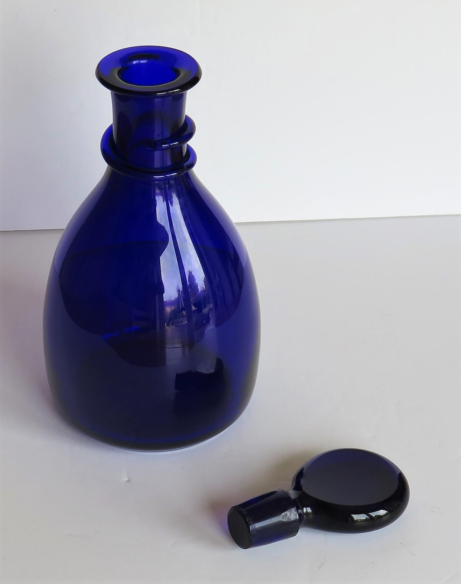 18th C Decanter Bristol Blue Glass Hand Blown with Trailed Neck Ring, Circa 1790 3