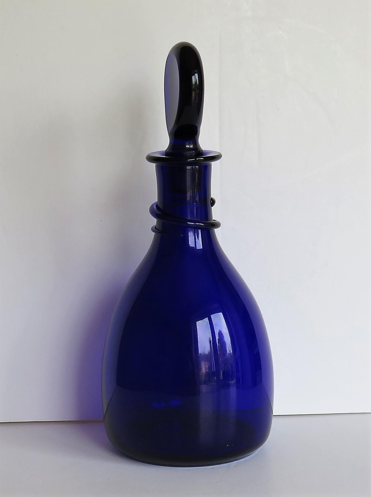 George III 18th C Decanter Bristol Blue Glass Hand Blown with Trailed Neck Ring, Circa 1790