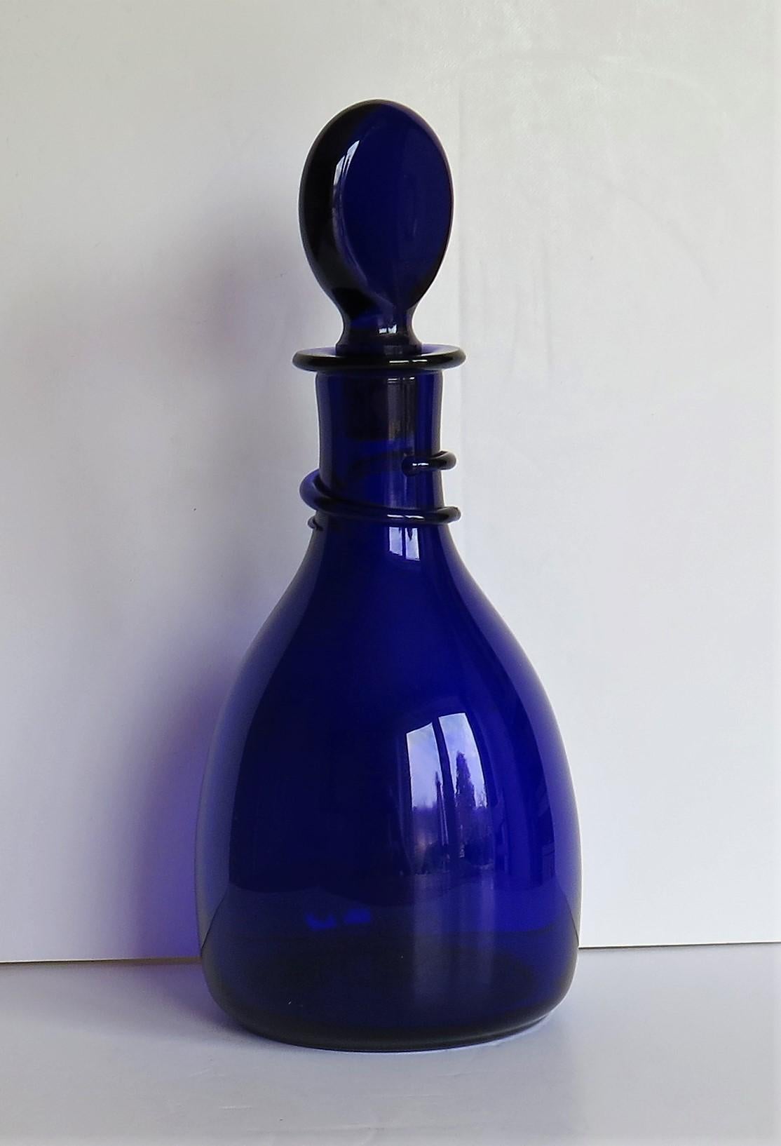 English 18th C Decanter Bristol Blue Glass Hand Blown with Trailed Neck Ring, Circa 1790