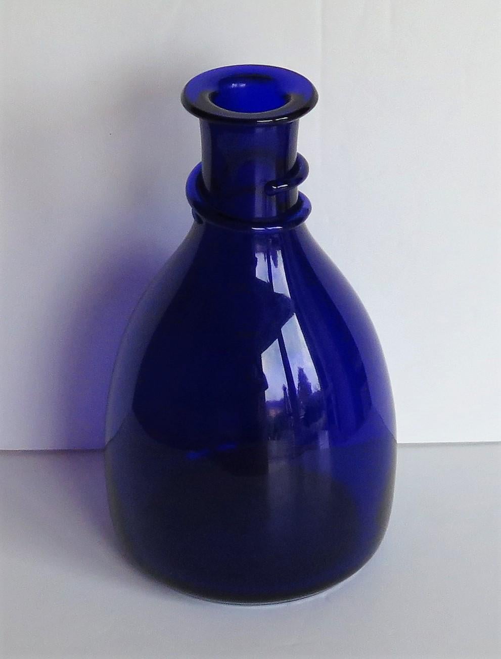 Hand-Crafted 18th C Decanter Bristol Blue Glass Hand Blown with Trailed Neck Ring, Circa 1790