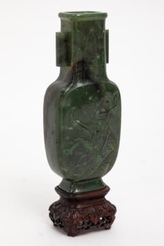 Rare 19th C. Chinese Nephrite Spinach Jade Carved Arrow Vase on Carved Wood Base