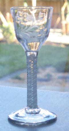 18th C Jacobite Wine Drinking Glass Engraved bowl & Cotton twist Stem, Ca 1760
