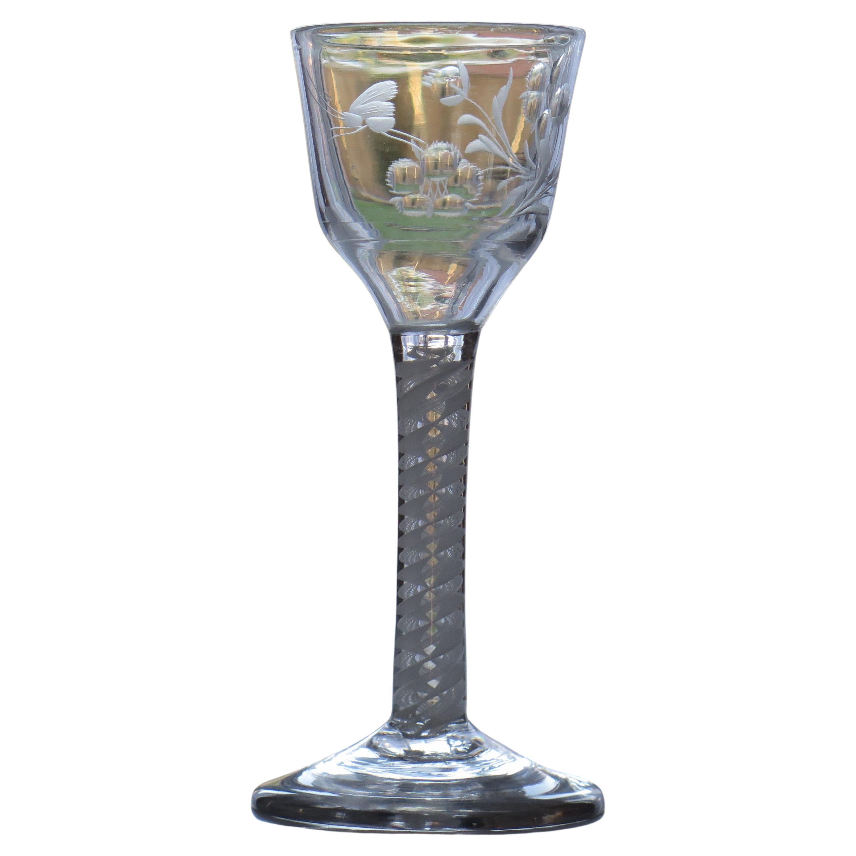 18th C Jacobite Wine Drinking Glass Engraved bowl & Cotton twist Stem, Ca 1760