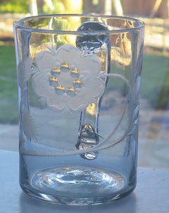 18thC. Jacobite Glass Drinking Tankard Engraved 7-Petal Rose and bud, circa 1745
