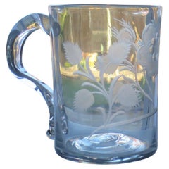 Antique 18thC. Jacobite Glass Drinking Tankard Engraved 7-Petal Rose and bud, circa 1745