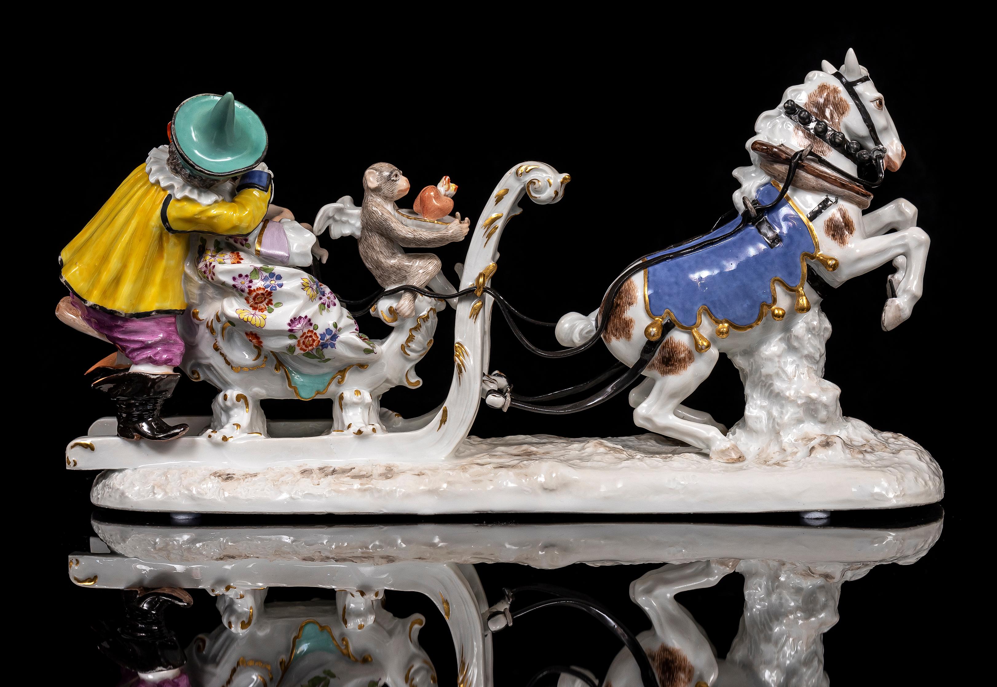 Allemand Rare traîneau Meissen du 18e C. avec les bouffons de la cour Fröhlich et Schmiedel, d'après Kändler en vente