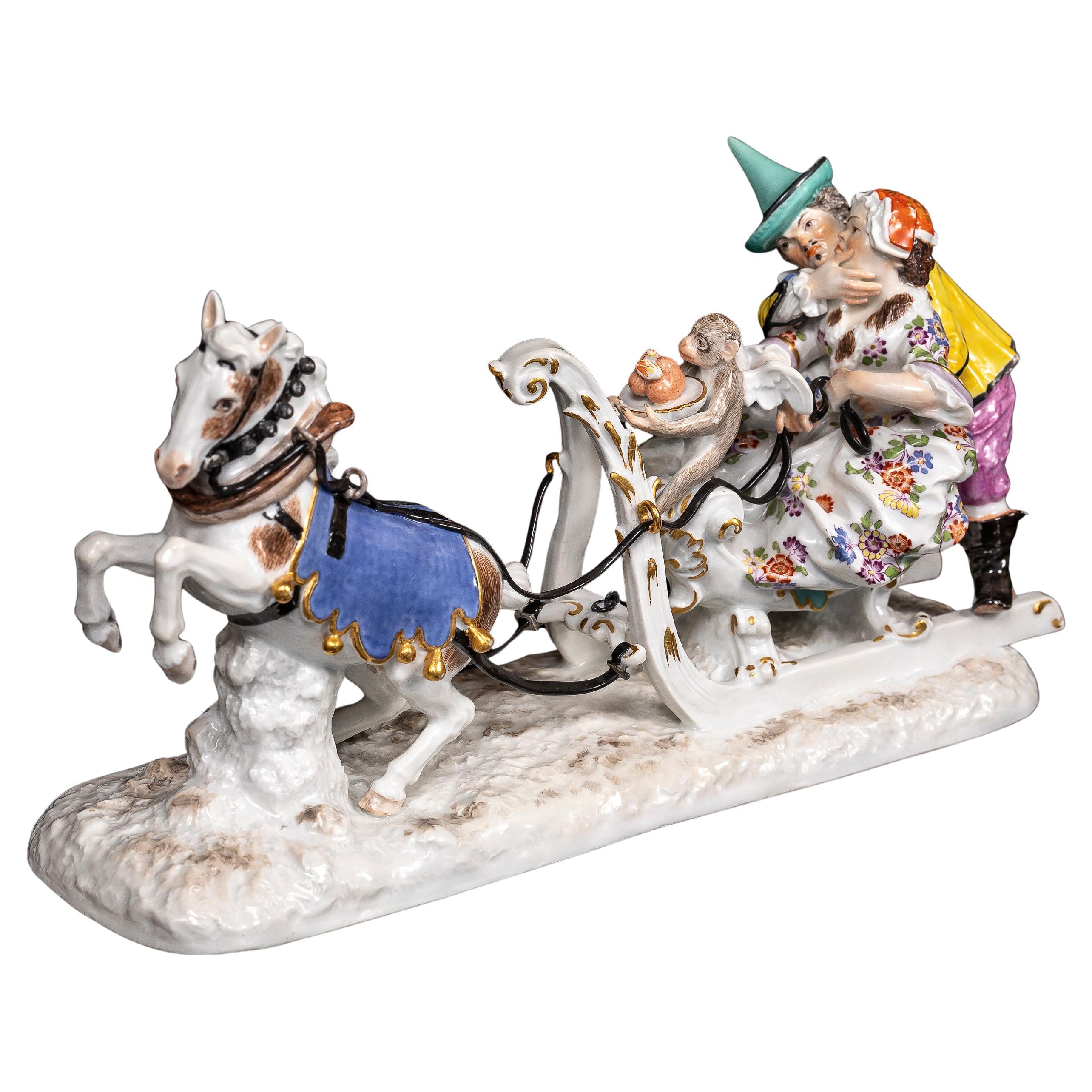 Rare 18th C. Meissen Sleigh w/ Court Jesters Fröhlich & Schmiedel, After Kändler