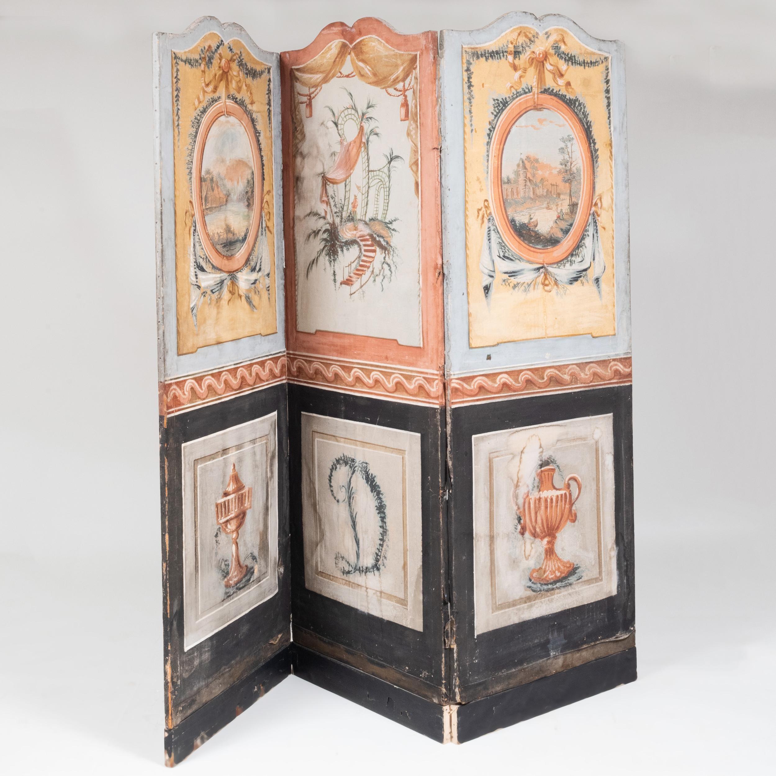 A charming and colorful hand painted 3-panel canvas folding screen on a wood frame, French Louis XV Period, circa 1760, the outer panels painted with idyllic landscapes above lower panels depicting classical urns. The center panel depicts a Chinoise