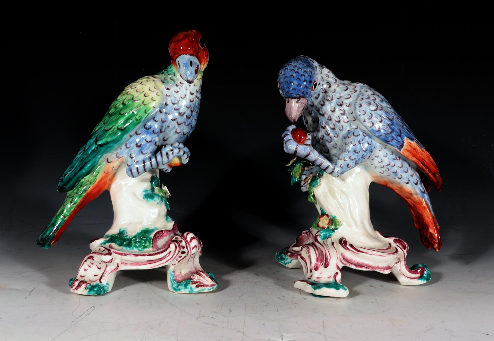 Georgian Rare 18th-Century Bow Porcelain Figures of South American Parrots For Sale
