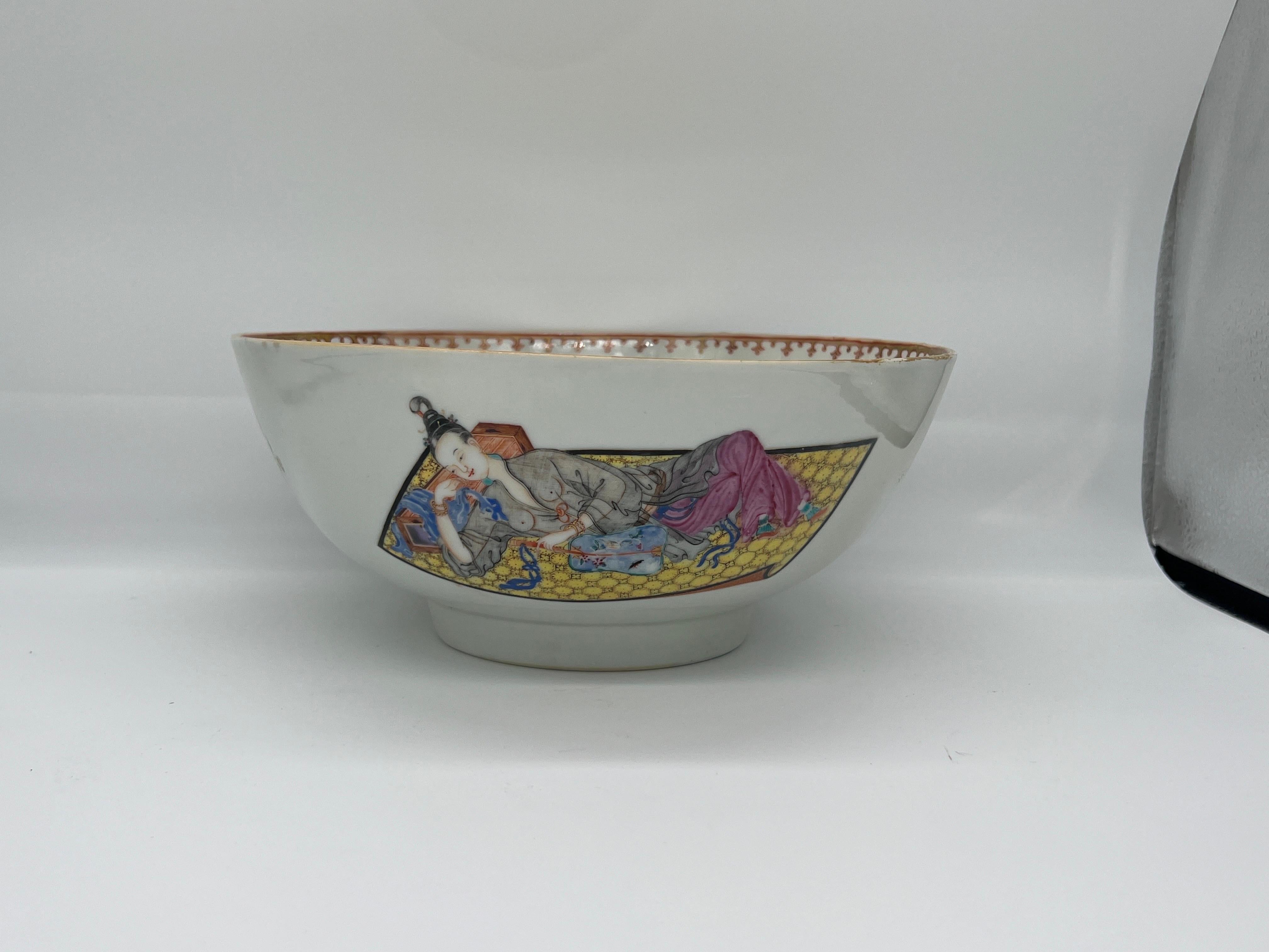 Rare 18th Century Chinese Export Porcelain Erotic Musician Bowl 10.25” 9