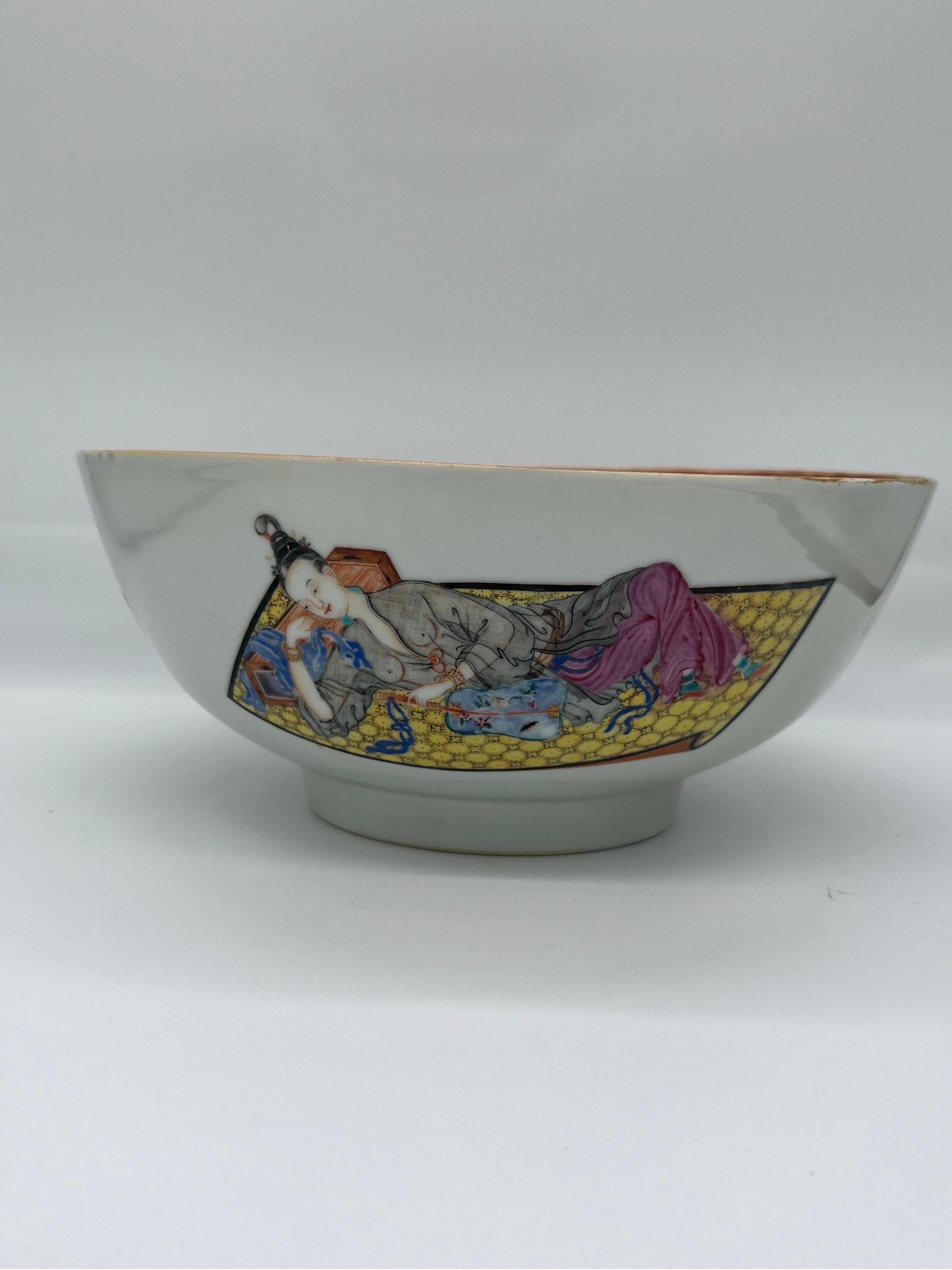 Rare 18th Century Chinese Export Porcelain Erotic Musician Bowl 10.25” 10