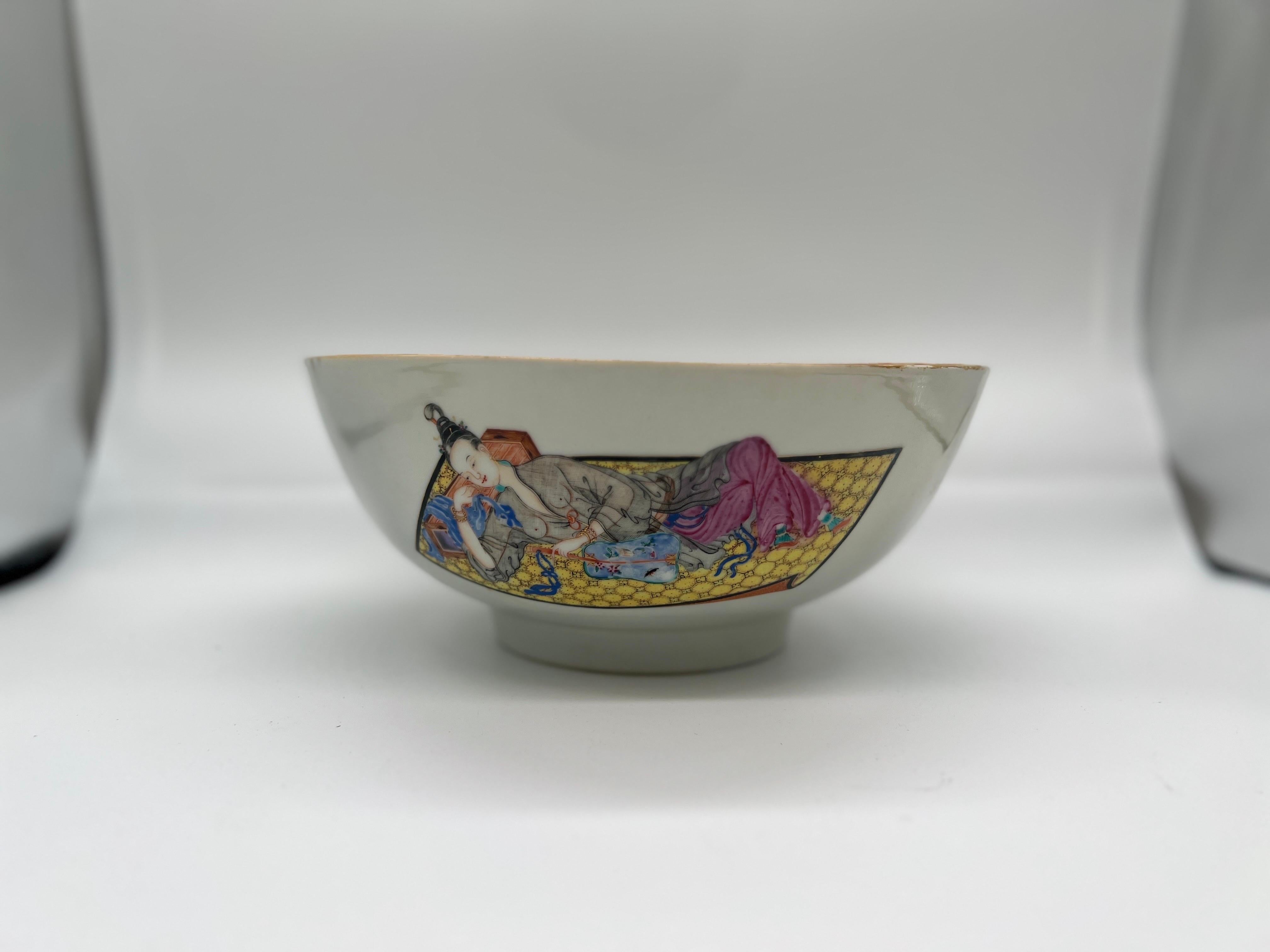Rare 18th Century Chinese Export Porcelain Erotic Musician Bowl 10.25”

This estate fresh Chinese export porcelain bowl is finely enamel decorated with female nude characters to the front and verso who are draped in silk clothes, holding a