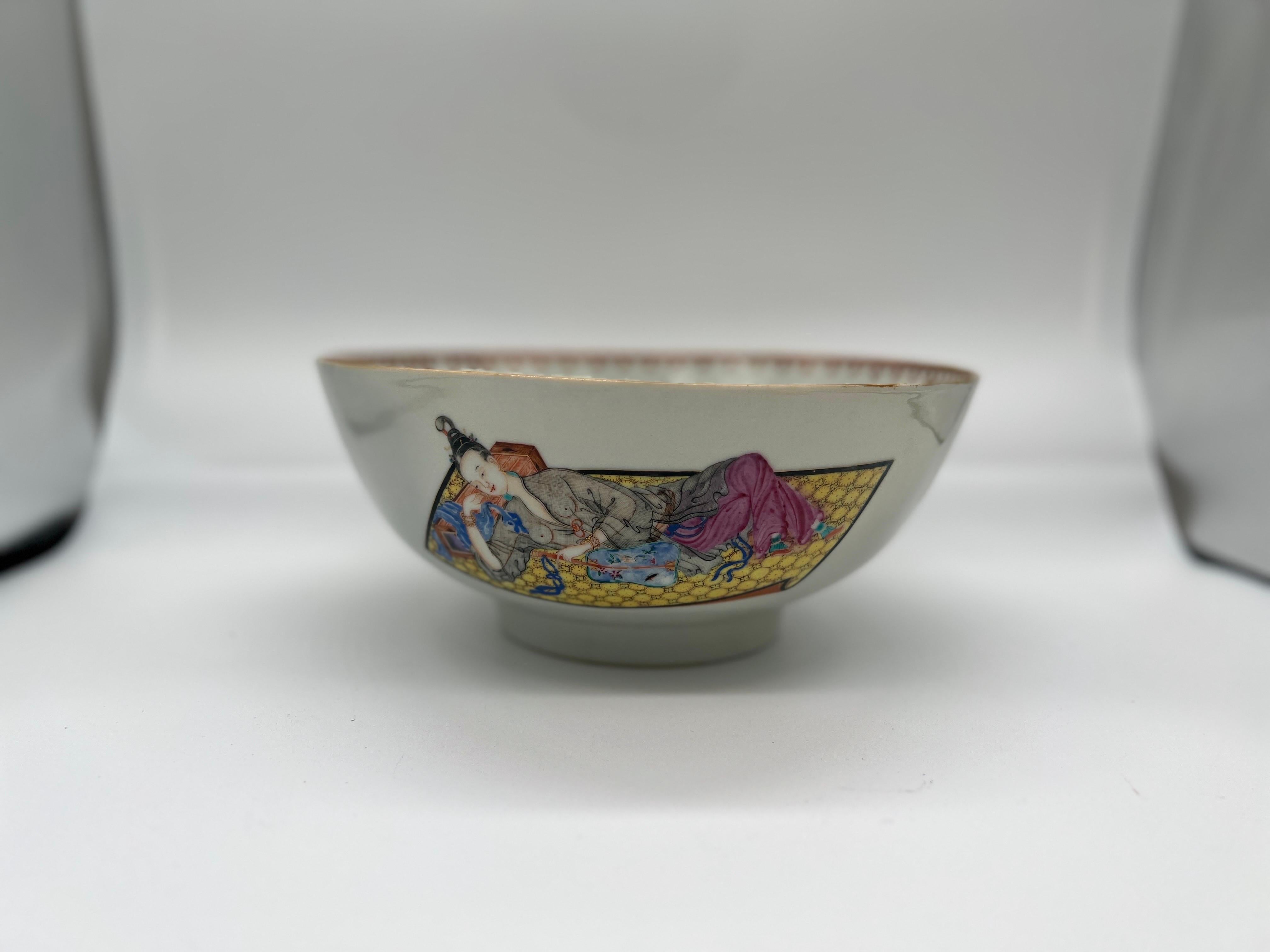 Rare 18th Century Chinese Export Porcelain Erotic Musician Bowl 10.25” In Good Condition In Atlanta, GA