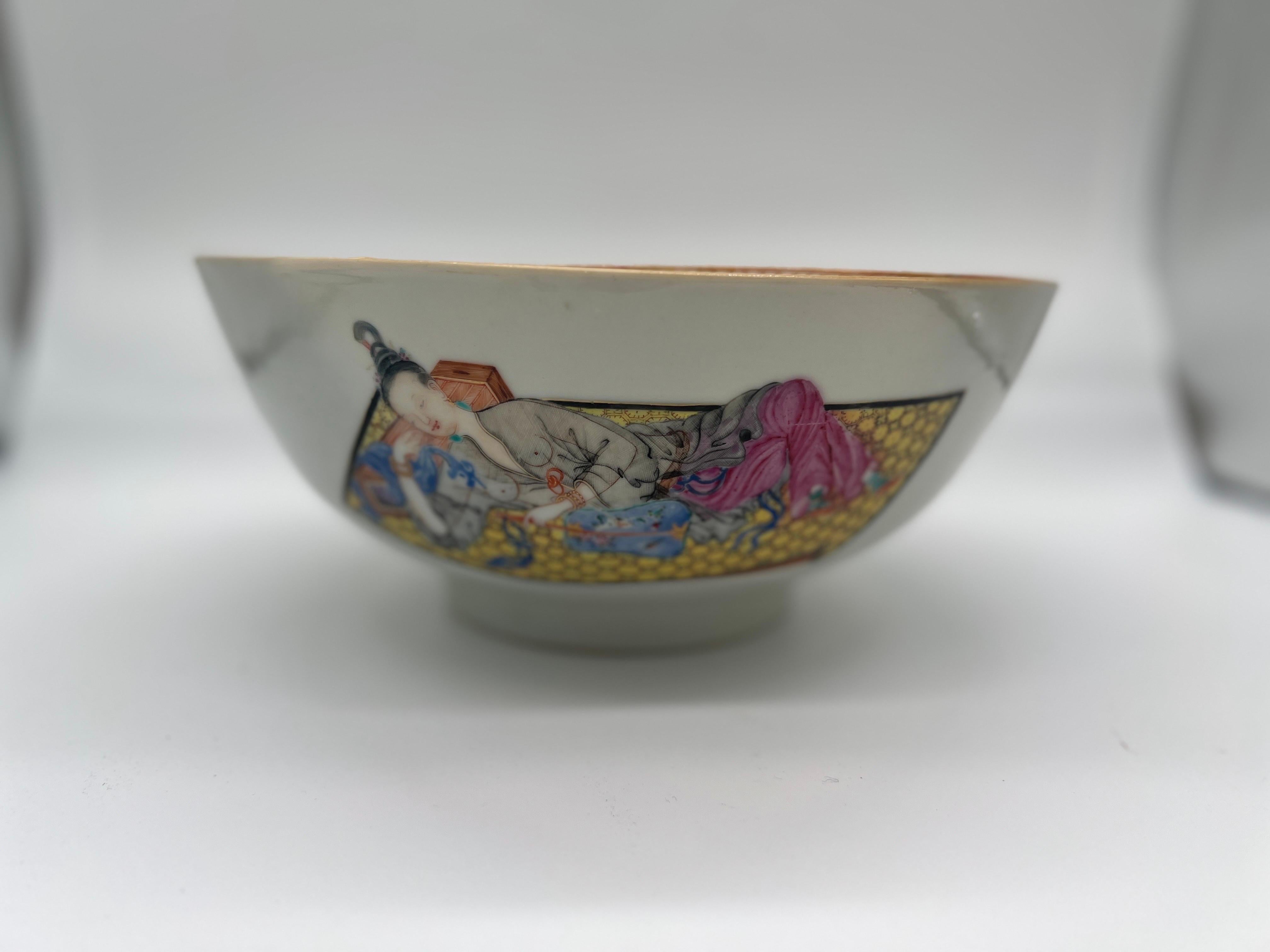 Rare 18th Century Chinese Export Porcelain Erotic Musician Bowl 10.25” 1