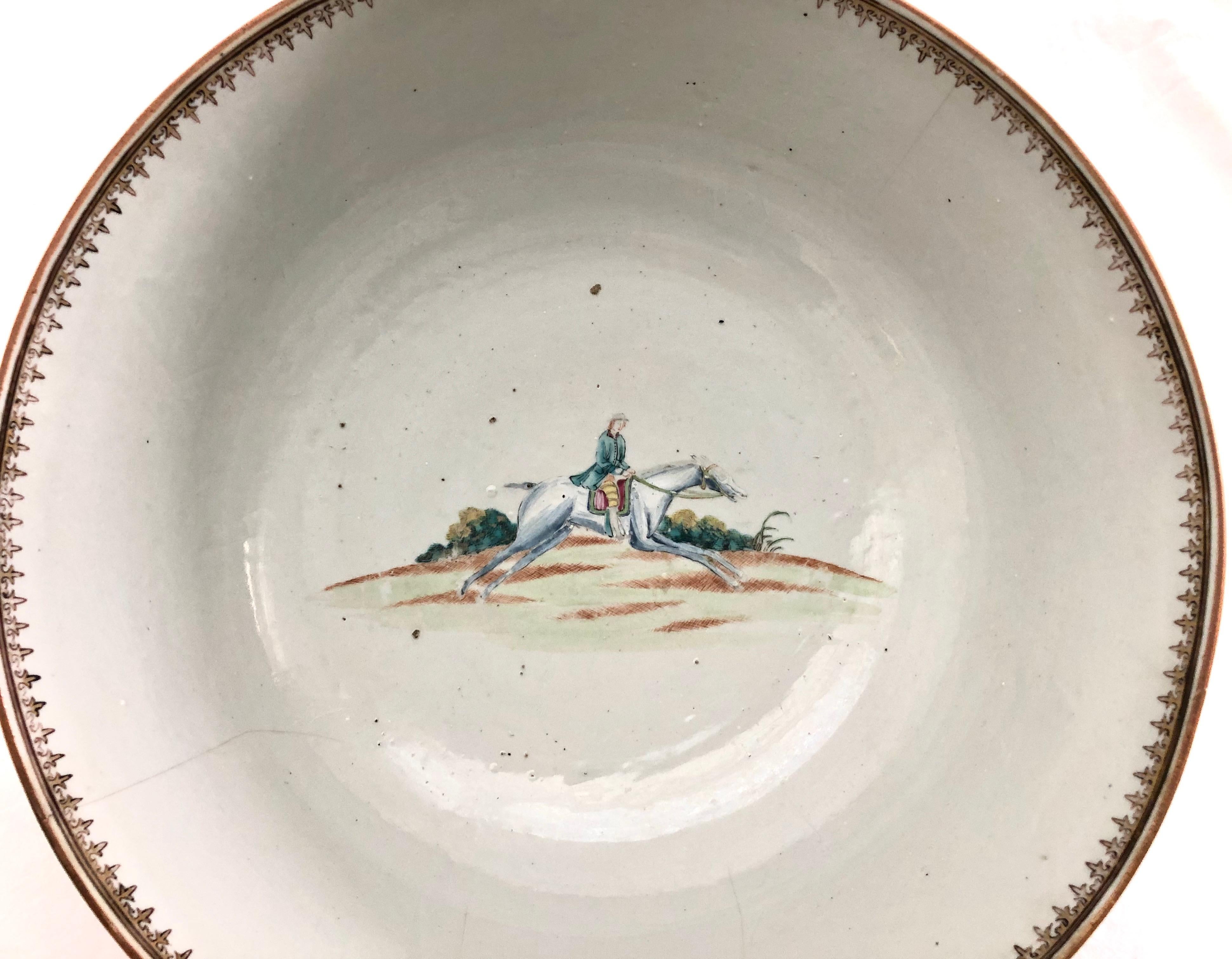 Extremely Rare 18th Century Chinese Export Porcelain Punch Bowl Fox Hunt Scene 3
