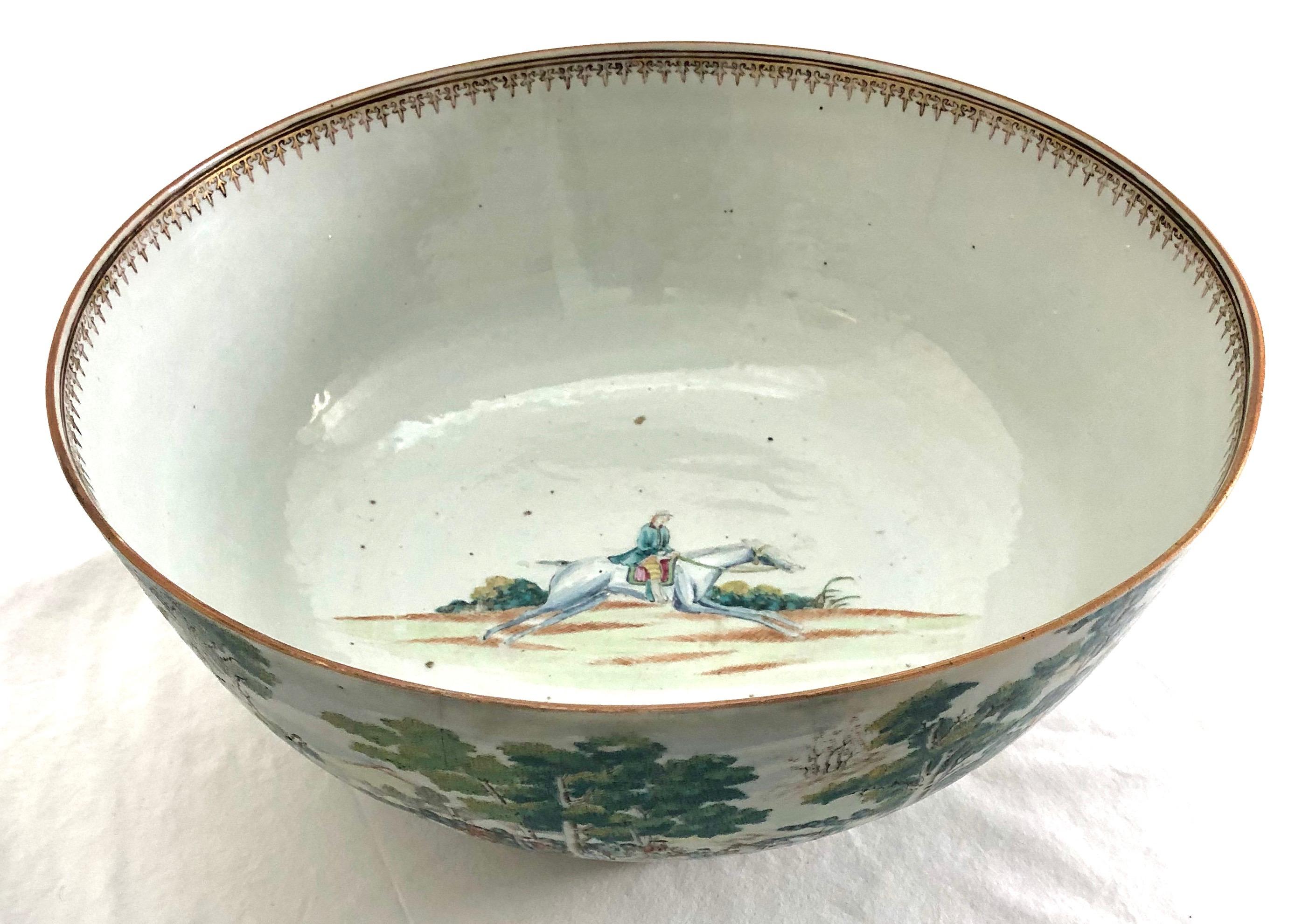 Extremely Rare 18th Century Chinese Export Porcelain Punch Bowl Fox Hunt Scene 7