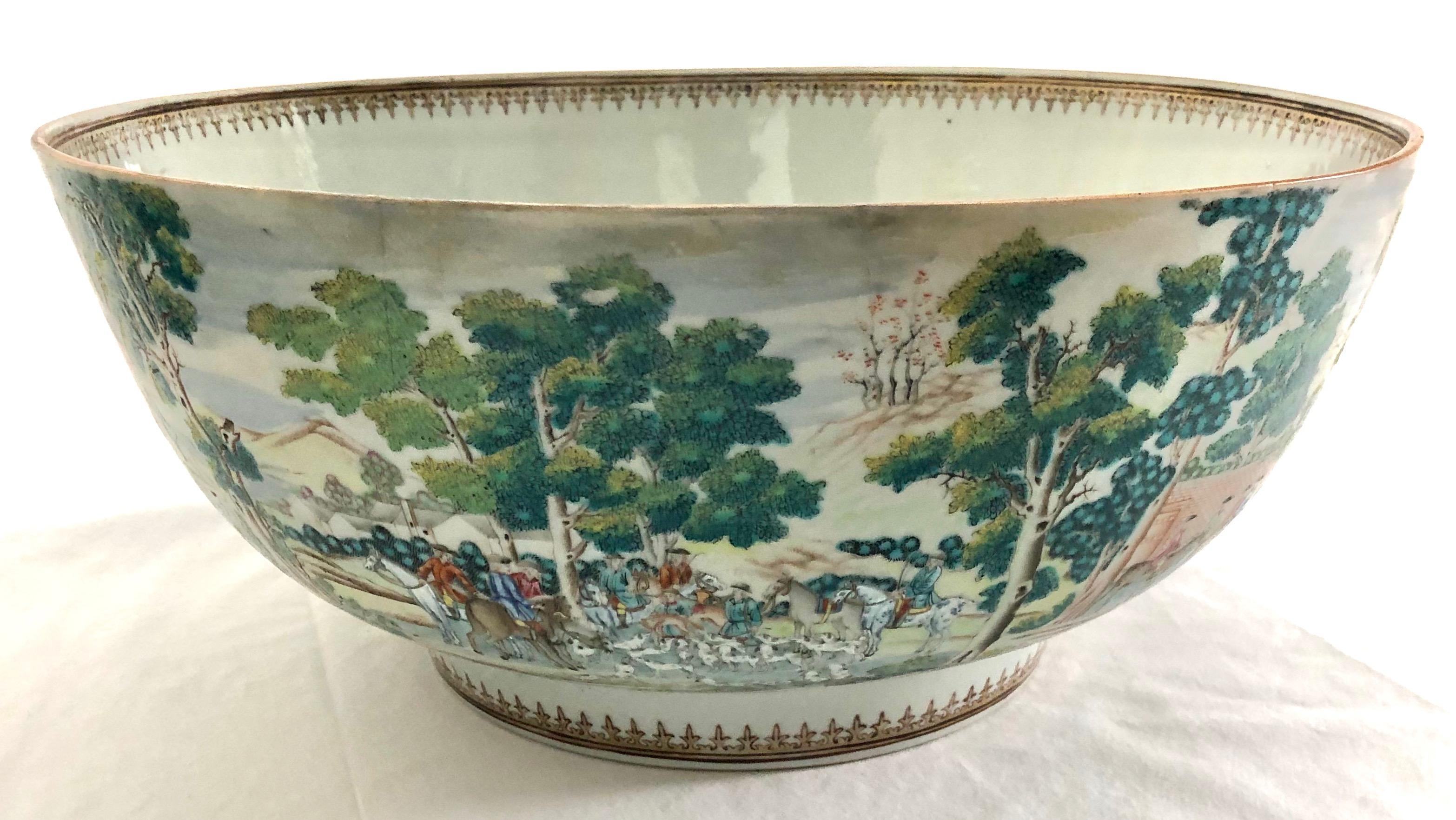 Mid-18th Century Extremely Rare 18th Century Chinese Export Porcelain Punch Bowl Fox Hunt Scene