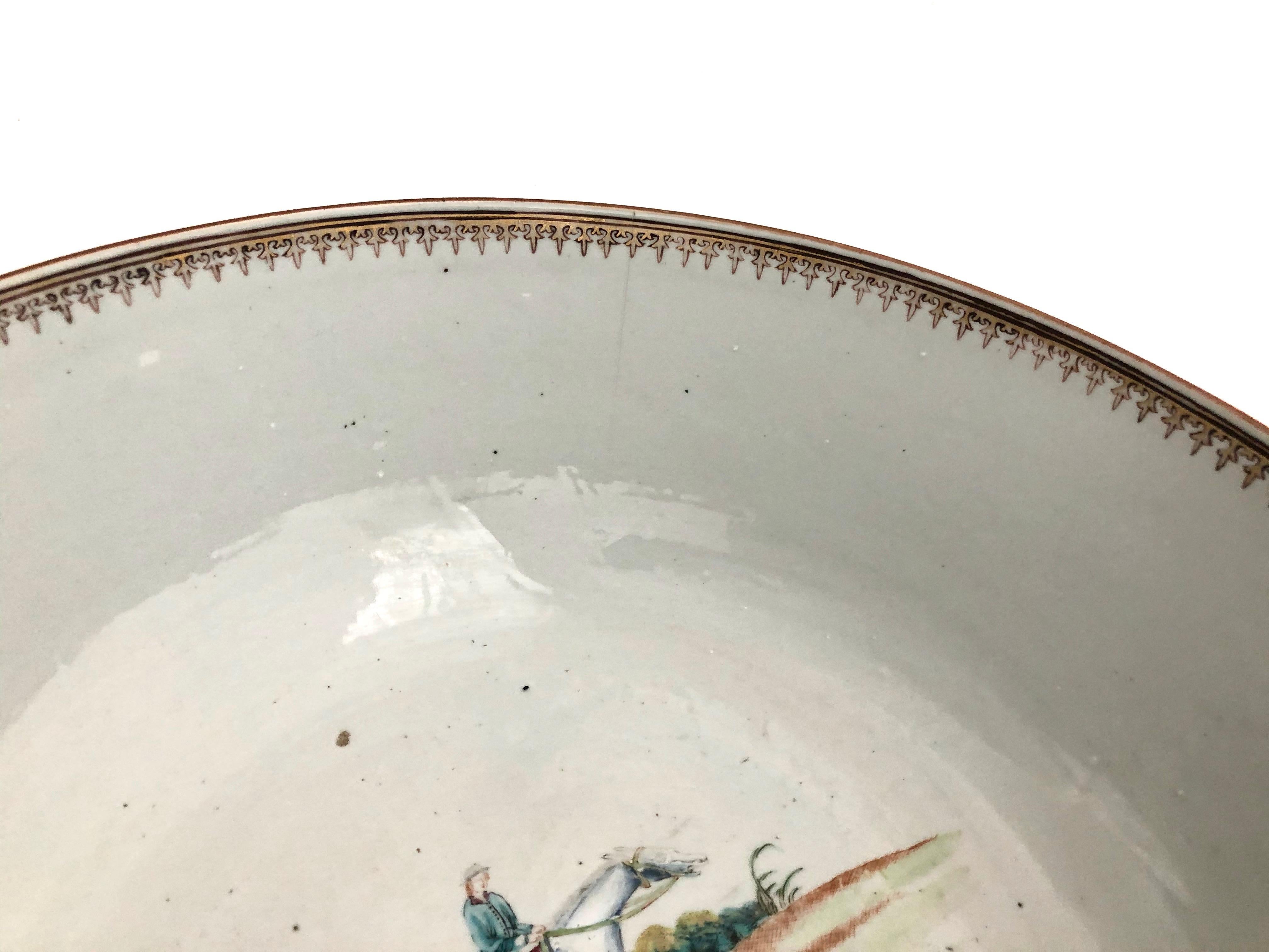 Extremely Rare 18th Century Chinese Export Porcelain Punch Bowl Fox Hunt Scene 1