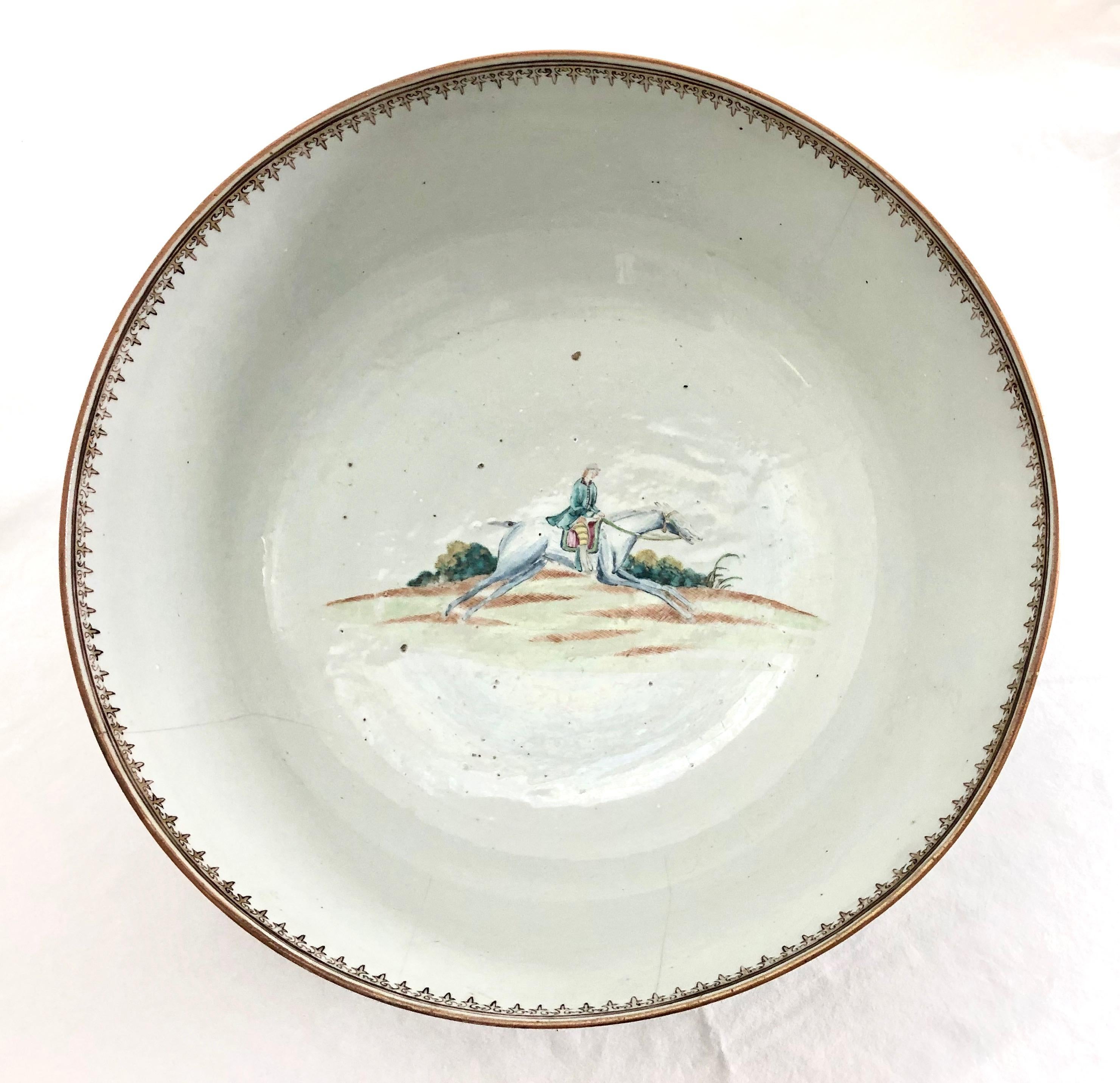 Extremely Rare 18th Century Chinese Export Porcelain Punch Bowl Fox Hunt Scene 2