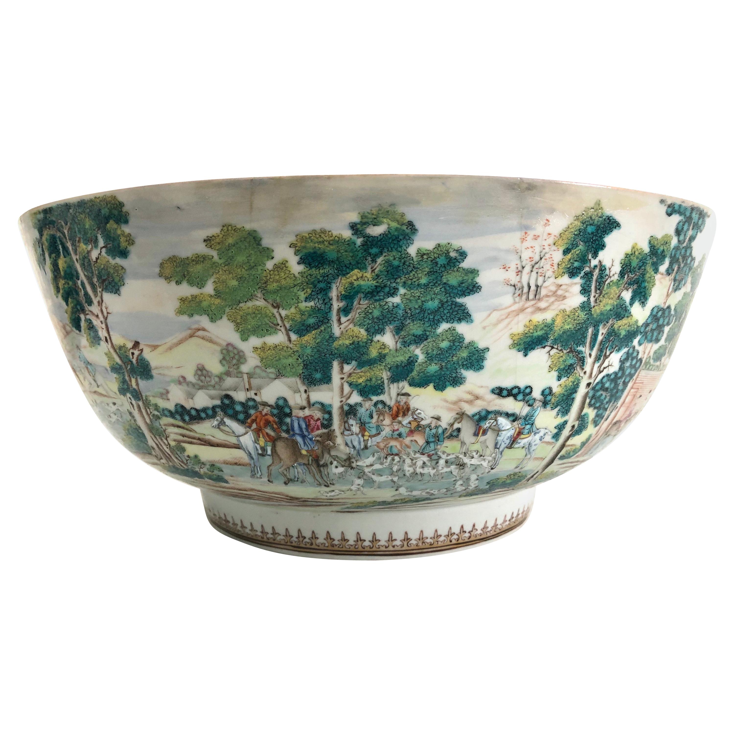 Extremely Rare 18th Century Chinese Export Porcelain Punch Bowl Fox Hunt Scene