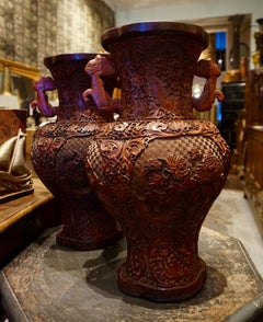 Rare 18th Century Chinese Qianlong Cinnabar Vases Pair