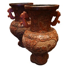 Antique Rare 18th Century Chinese Qianlong Cinnabar Vases Pair