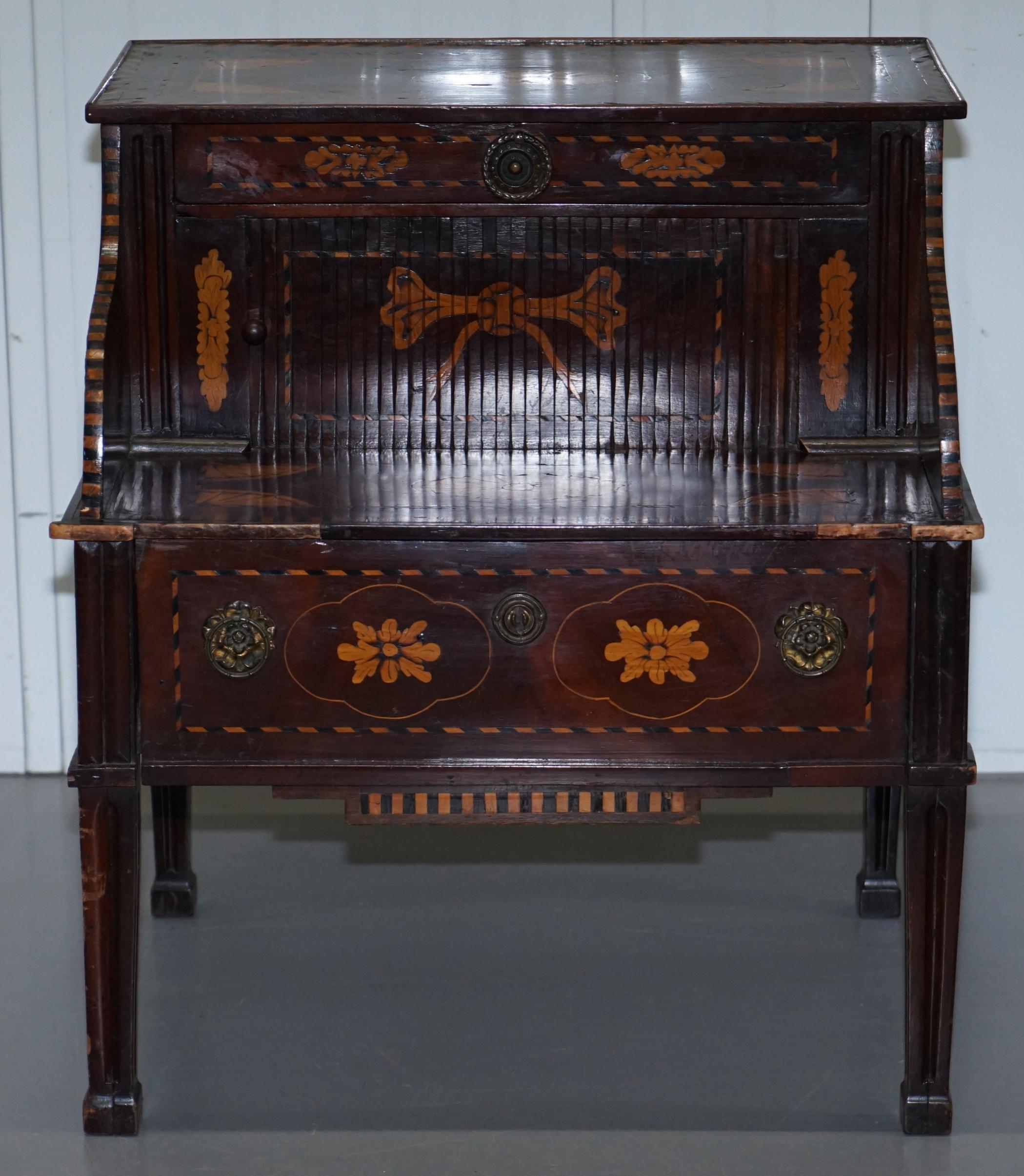 Georgian Rare 18th Century Dutch Marquetry Inlaid Side Table with Tambour Fronted Door