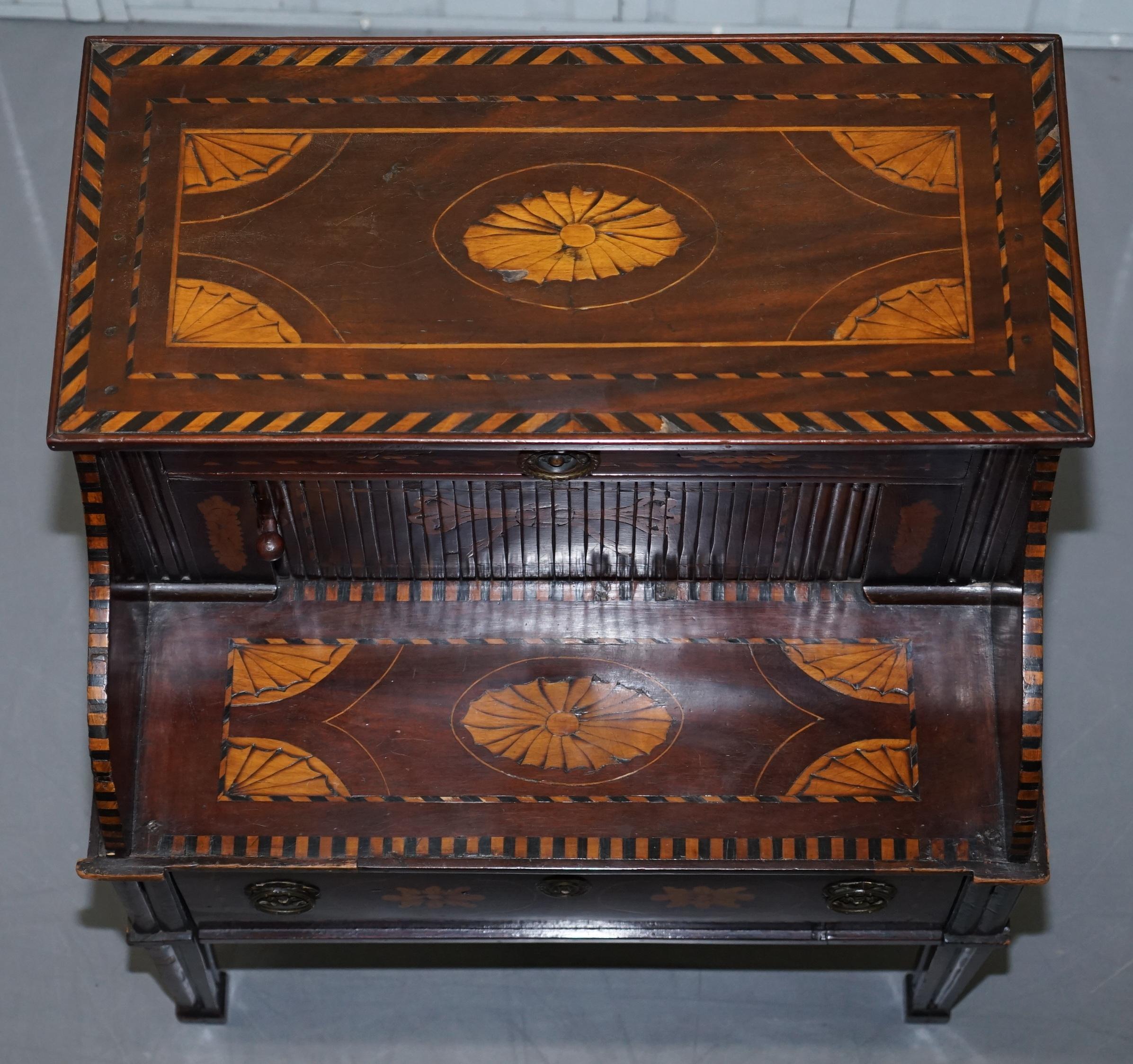 Danish Rare 18th Century Dutch Marquetry Inlaid Side Table with Tambour Fronted Door