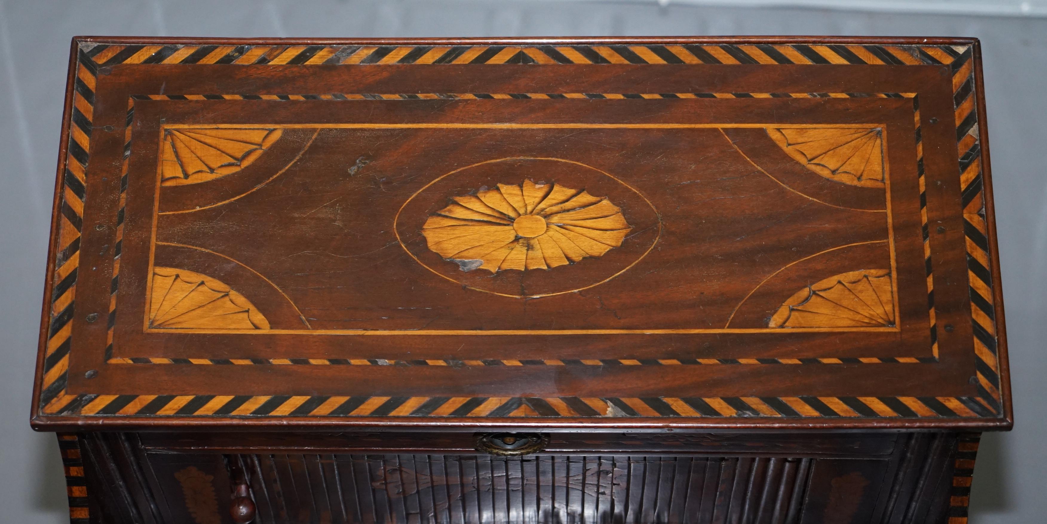 18th Century and Earlier Rare 18th Century Dutch Marquetry Inlaid Side Table with Tambour Fronted Door