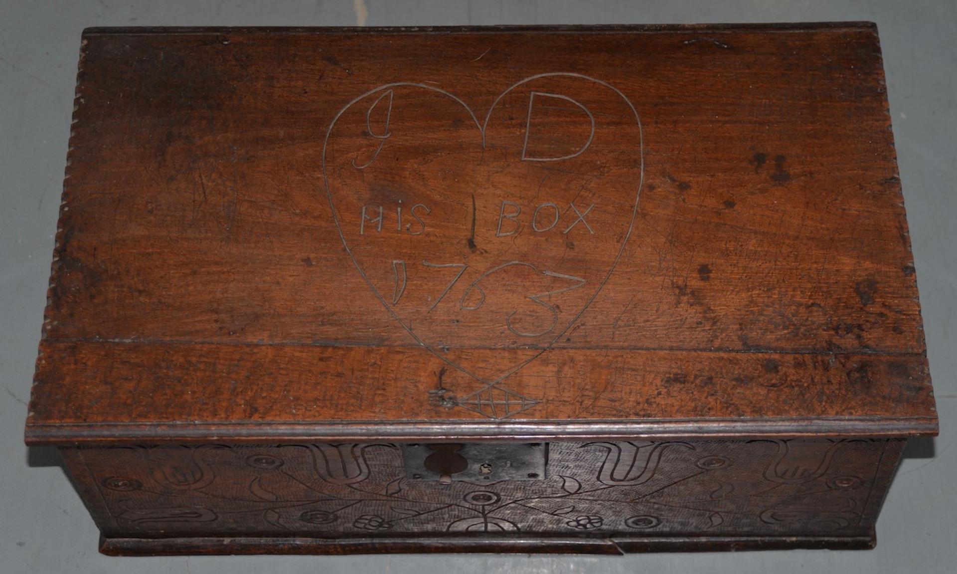 18th century carved walnut bible box, circa 1763

Rare 18th century bible box that originally belonged to 