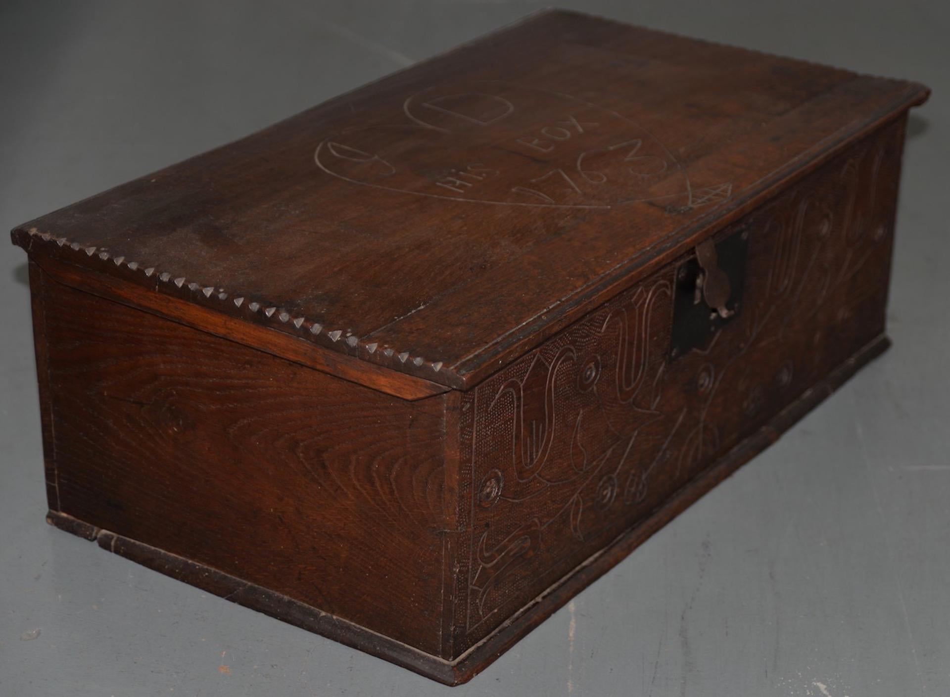 Hand-Carved 18th Century Early American Hand Carved Walnut Bible Box, circa 1763