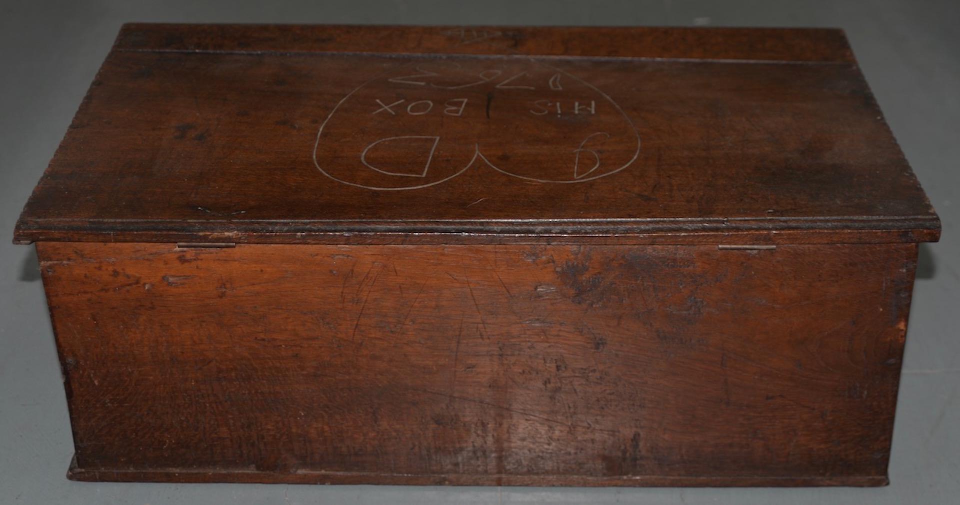 18th Century Early American Hand Carved Walnut Bible Box, circa 1763 In Fair Condition In San Francisco, CA