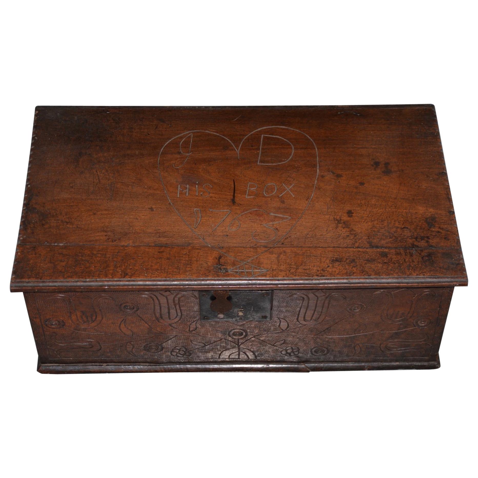 18th Century Early American Hand Carved Walnut Bible Box, circa 1763