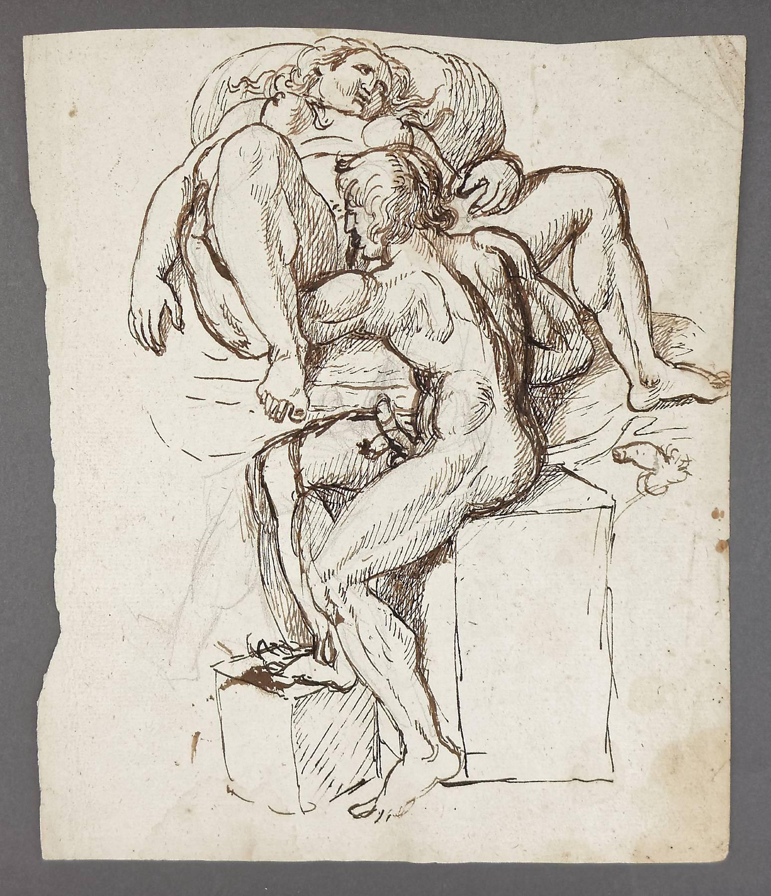 Seltene Altmeisterzeichnung aus dem 18. Jahrhundert mit einer expliziten erotischen Szene eines Paares beim Oralsex. Braune Tinte auf Papier mit Wasserzeichen, über Vorstudien in schwarzer Kreide.

Johan Tobias Sergel wurde 1740 in Stockholm