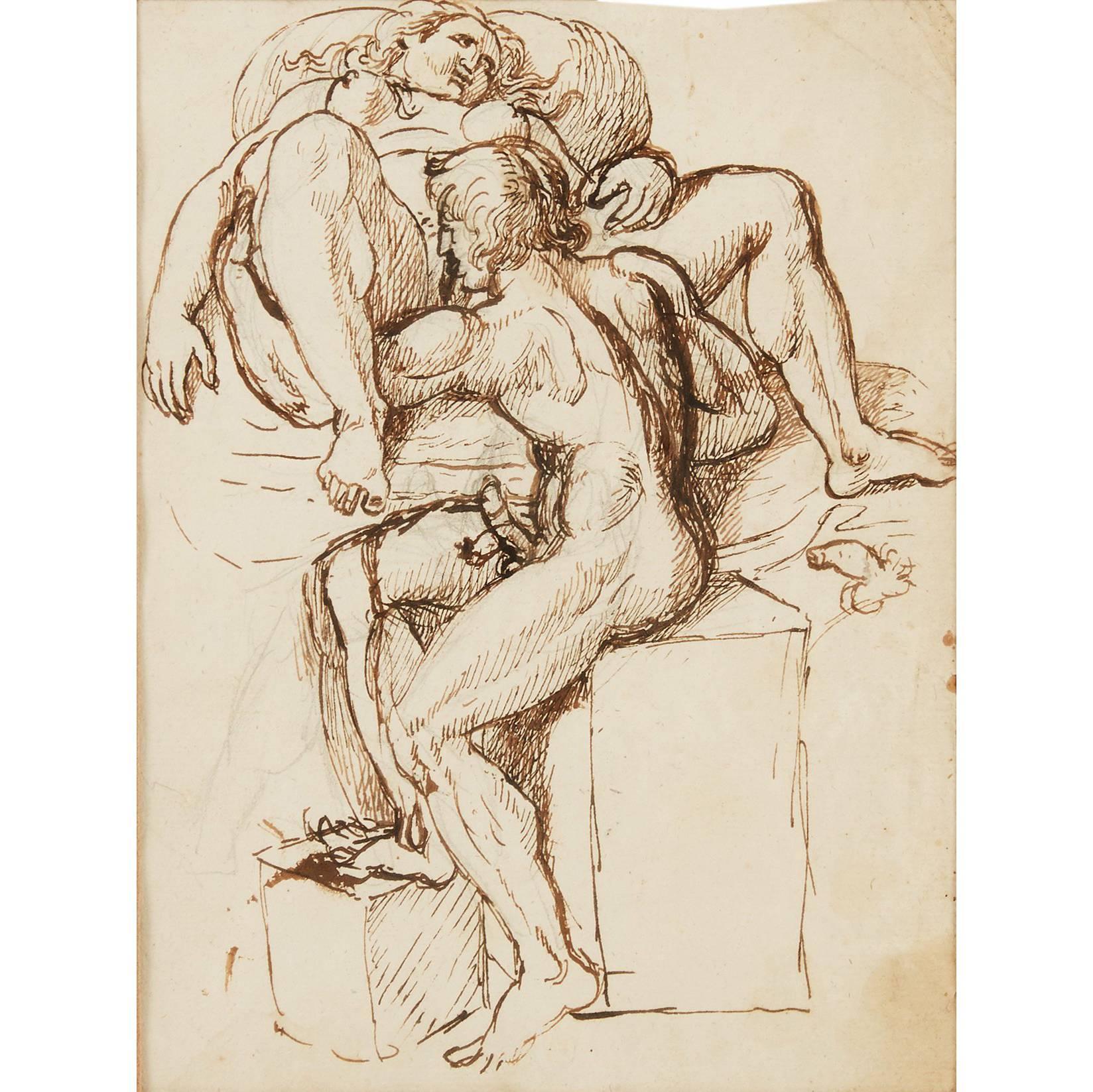 Raro disegno di scena erotica del XVIII secolo, attribuito a Tobias Sergel in vendita