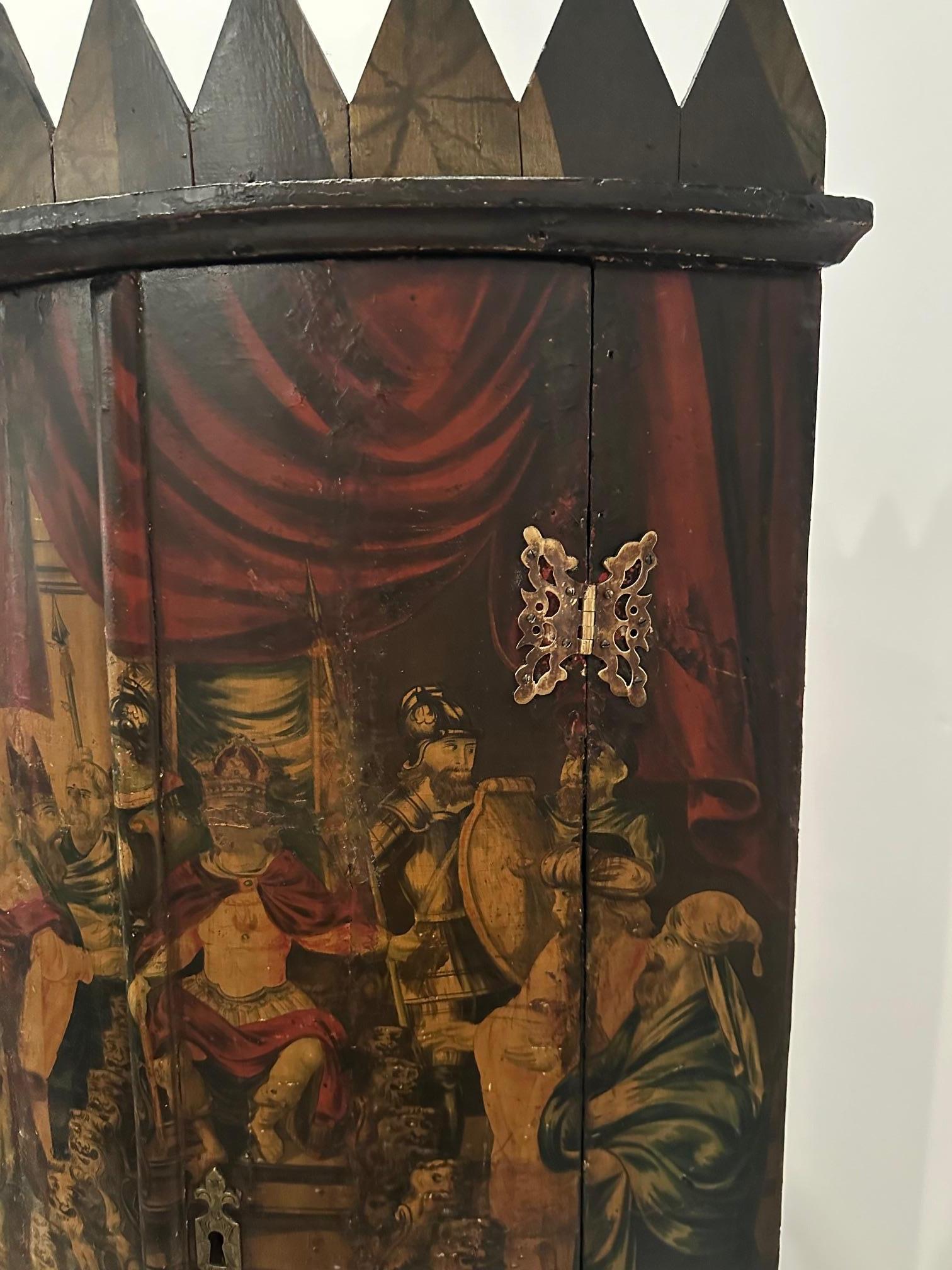 Dutch Rare 18th Century Flemish Hand Painted Wood Corner Cabinet