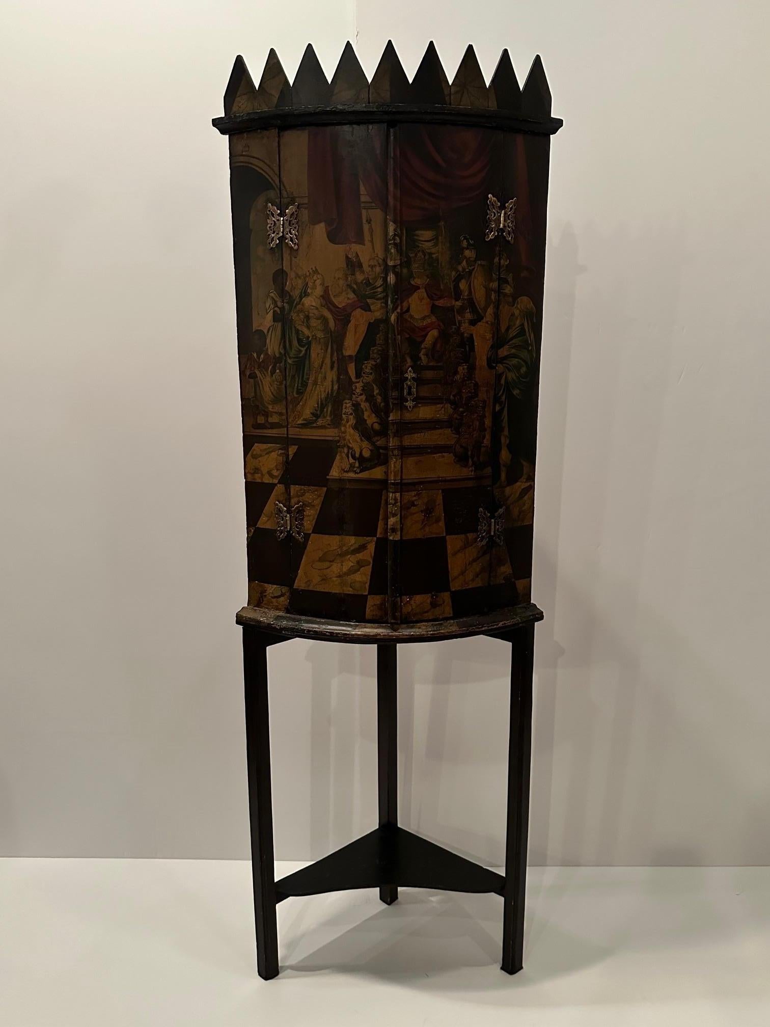 Rare 18th Century Flemish Hand Painted Wood Corner Cabinet In Good Condition In Hopewell, NJ